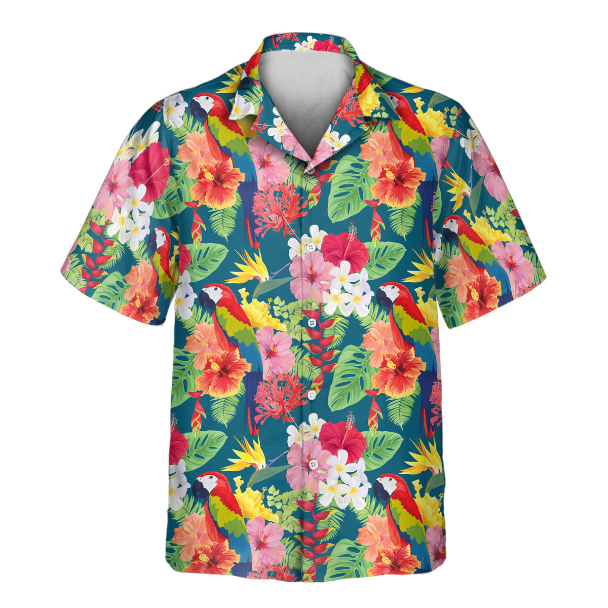Custom Hawaiian shirt with bright macaws, tropical flowers, and jungle foliage in vivid red, pink, yellow, and green, customizable with your company or team logo.