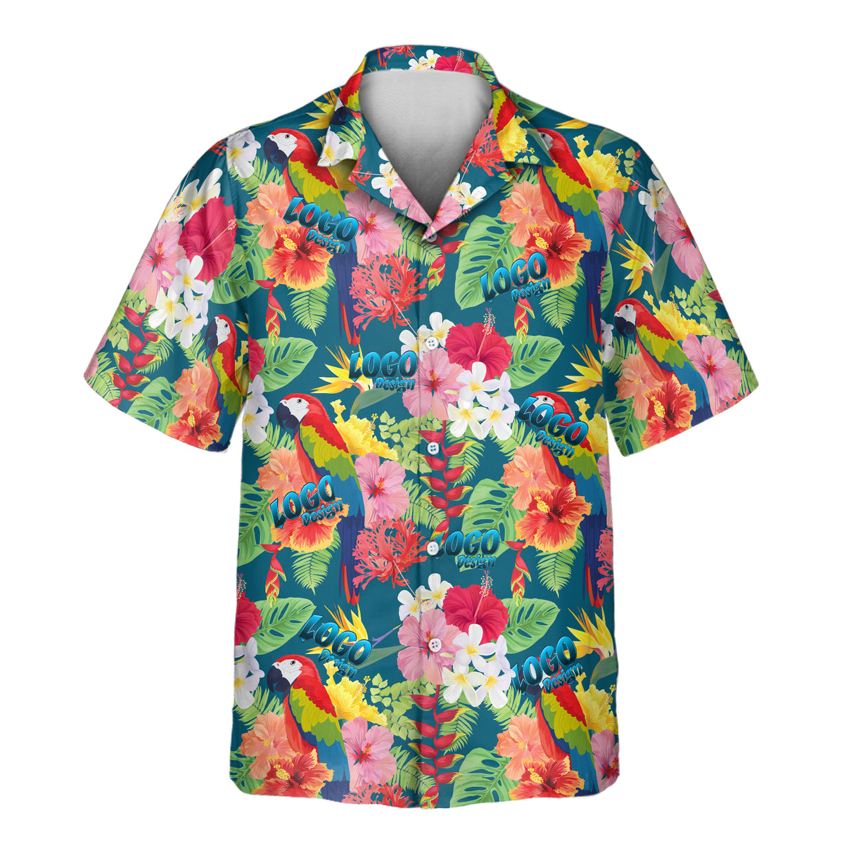Macaw Jungle Vibes custom Aloha shirt featuring colorful macaw parrots, vibrant hibiscus and plumeria flowers, and lush tropical leaves on a teal background.