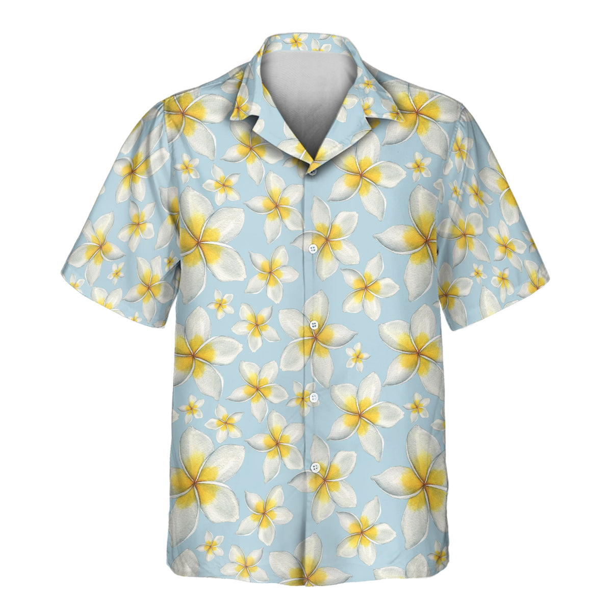 Custom Hawaiian shirt with elegant white plumeria flowers and warm yellow centers on a pastel blue background, customizable with your company or team logo.