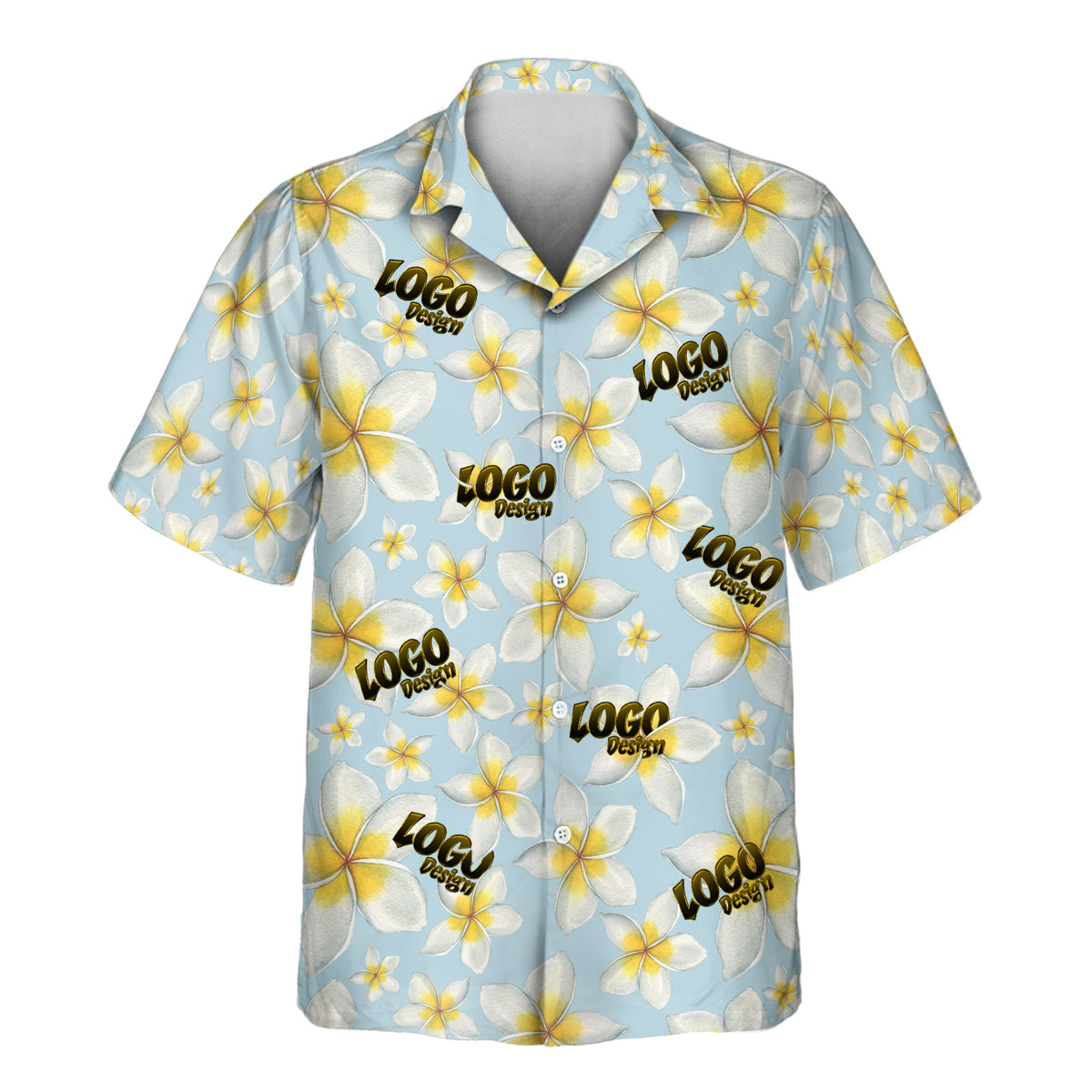 Frangipani Paradise custom Aloha shirt featuring soft white and golden-yellow frangipani flowers on a refreshing light blue background.
