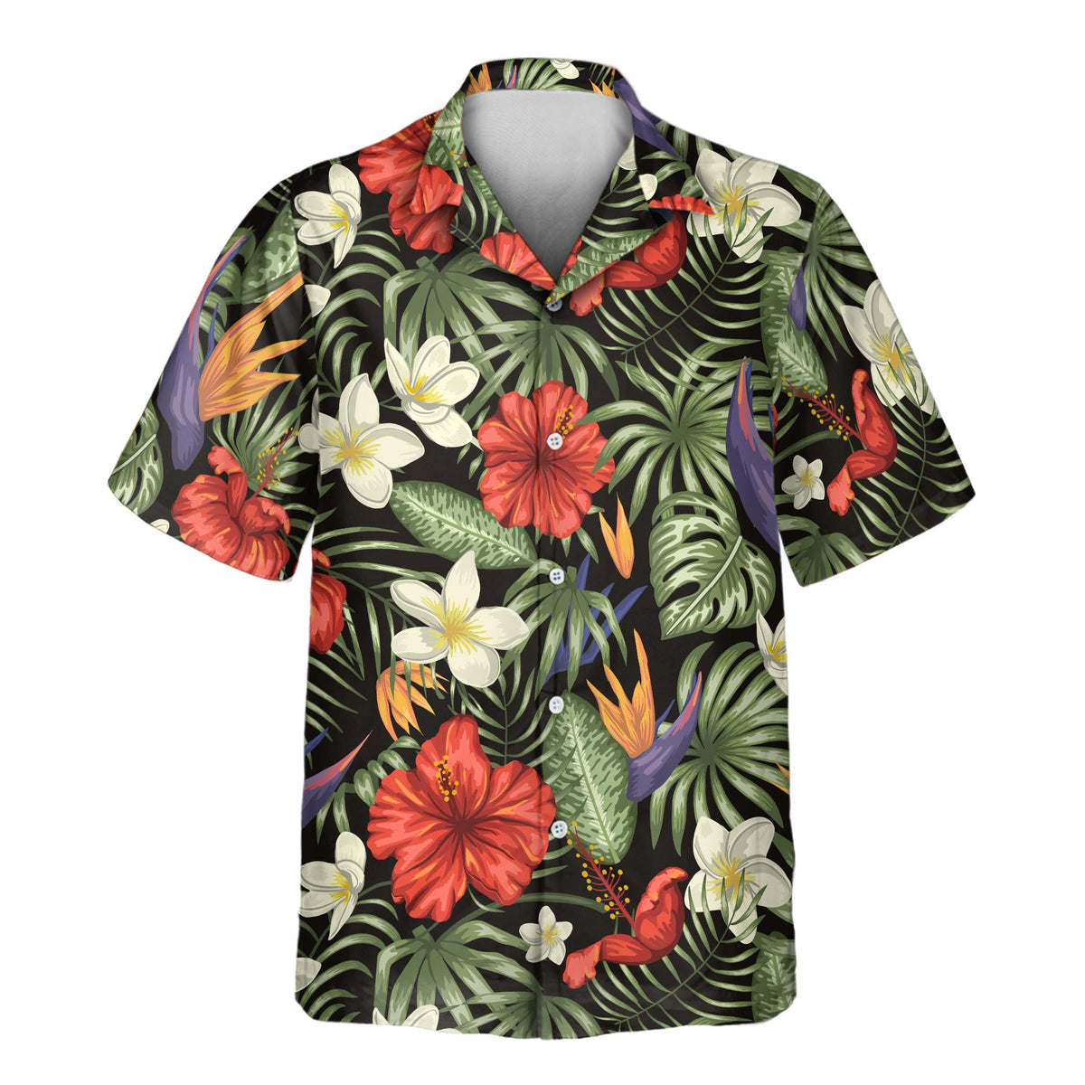 Custom Hawaiian shirt with vibrant hibiscus flowers, exotic tropical blooms, and layered jungle leaves on a dark background, customizable with your company or team logo.