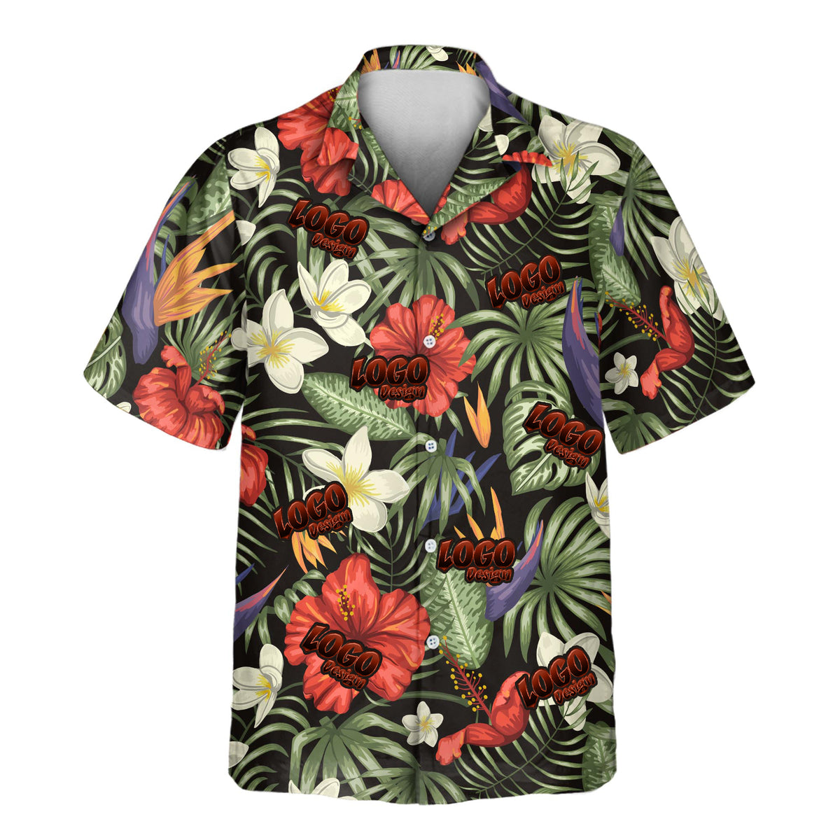 Tropical Oasis custom Aloha shirt featuring bold red hibiscus, white tropical flowers, bird-of-paradise blooms, and lush green foliage on a black background.