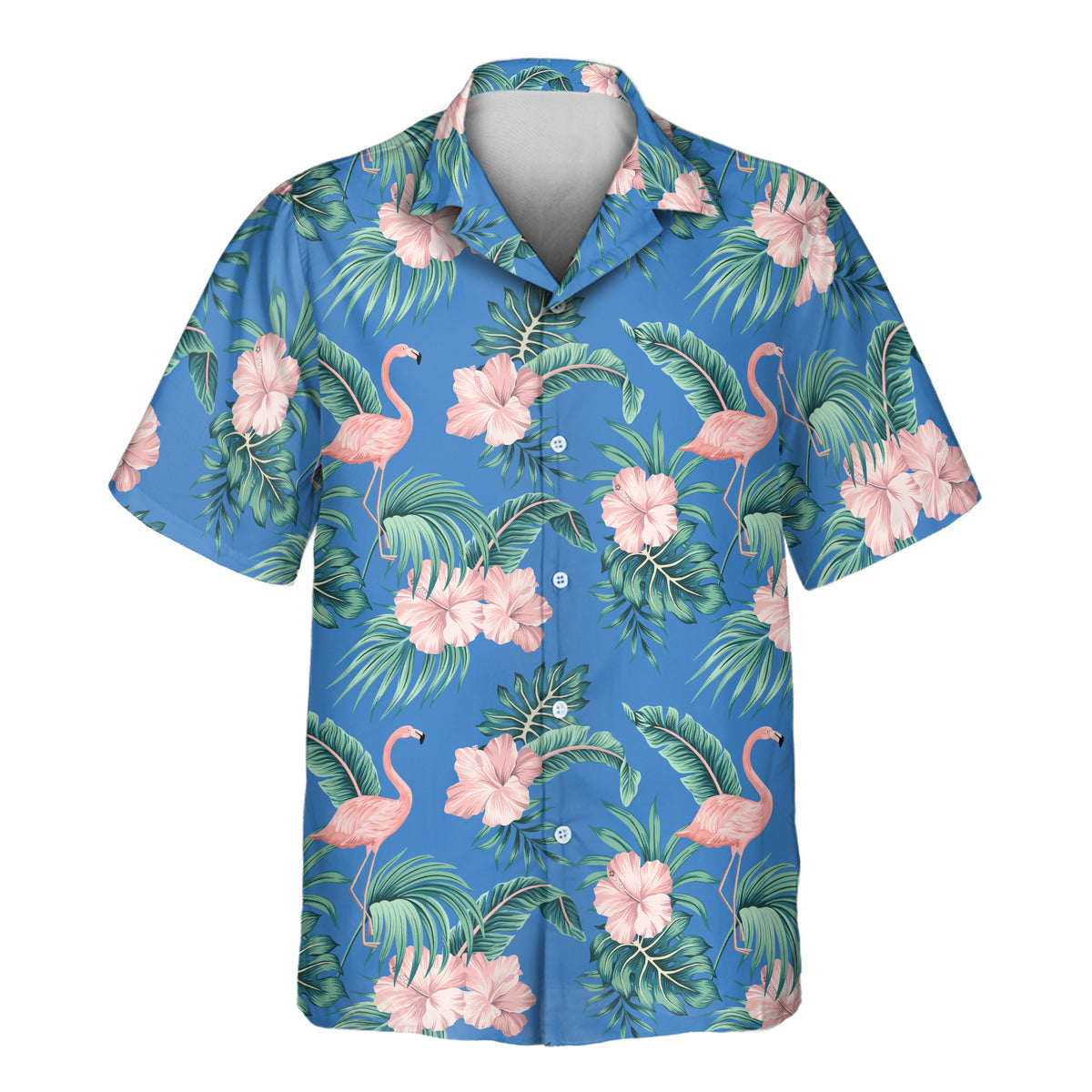 Custom Hawaiian shirt with elegant pink flamingos, tropical hibiscus blooms, and palm foliage on a bright blue background, customizable with your company or team logo.