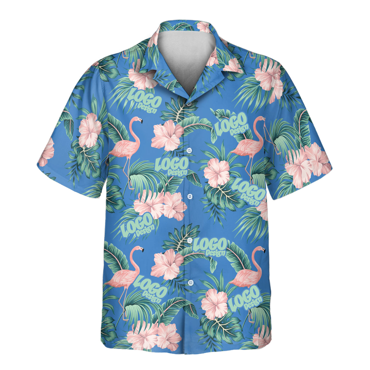 Flamingo Paradise custom Aloha shirt featuring pink flamingos, soft pink hibiscus flowers, and lush green tropical leaves on a vibrant blue background.