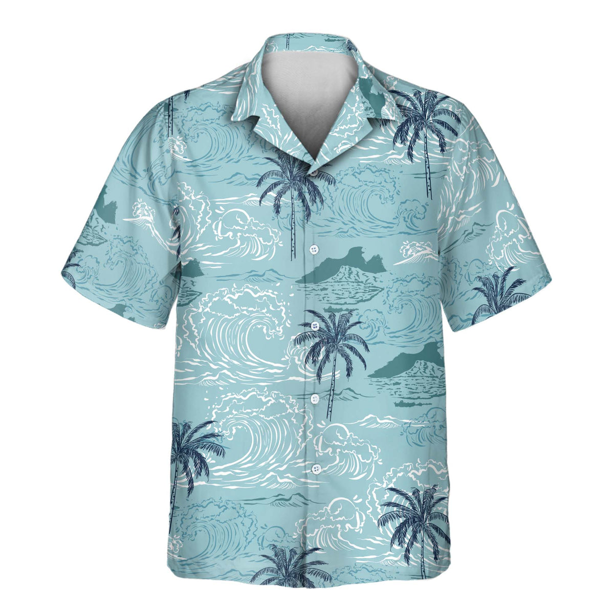Custom Hawaiian shirt with vintage-inspired ocean waves, tropical palm trees, and coastal island scenery on a light blue background, customizable with your company or team logo.