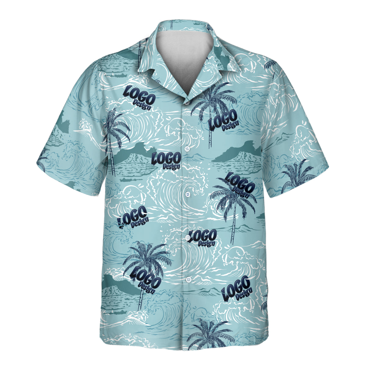 Retro Ocean Wave custom Aloha shirt featuring rolling ocean waves, palm trees, and island silhouettes in soft blue, white, and navy tones.