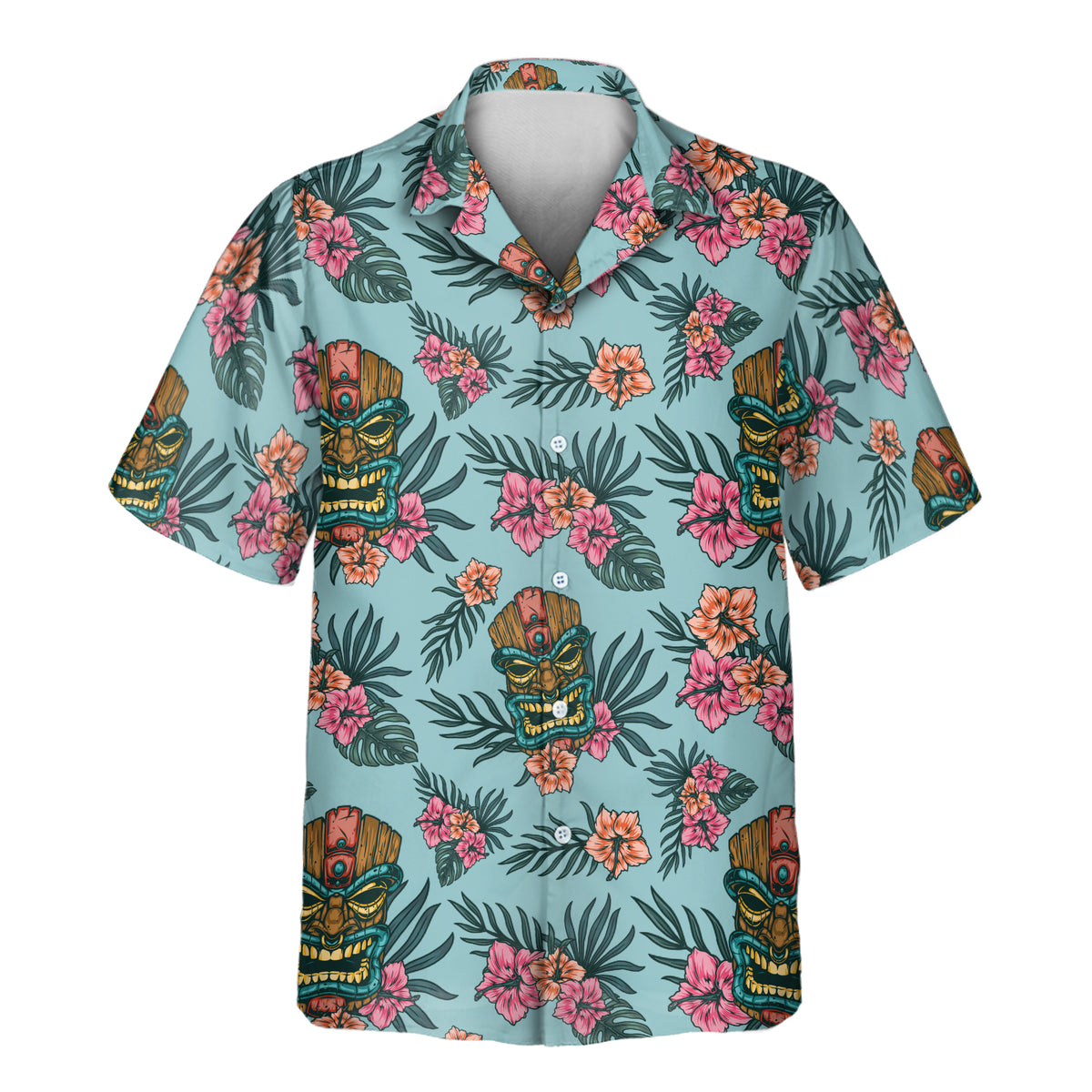 Custom Hawaiian shirt with bold tiki mask artwork, vibrant hibiscus blooms, and tropical foliage on a soft blue background, customizable with your company or team logo.