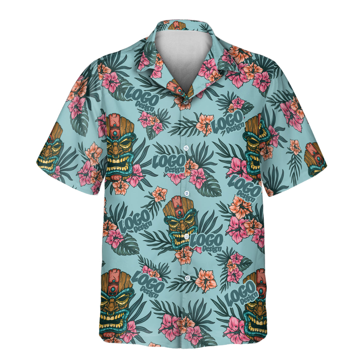 Tropical Tiki Mask custom Aloha shirt featuring colorful tiki-inspired masks, pink and orange hibiscus flowers, and dark tropical leaves on a light aqua background.