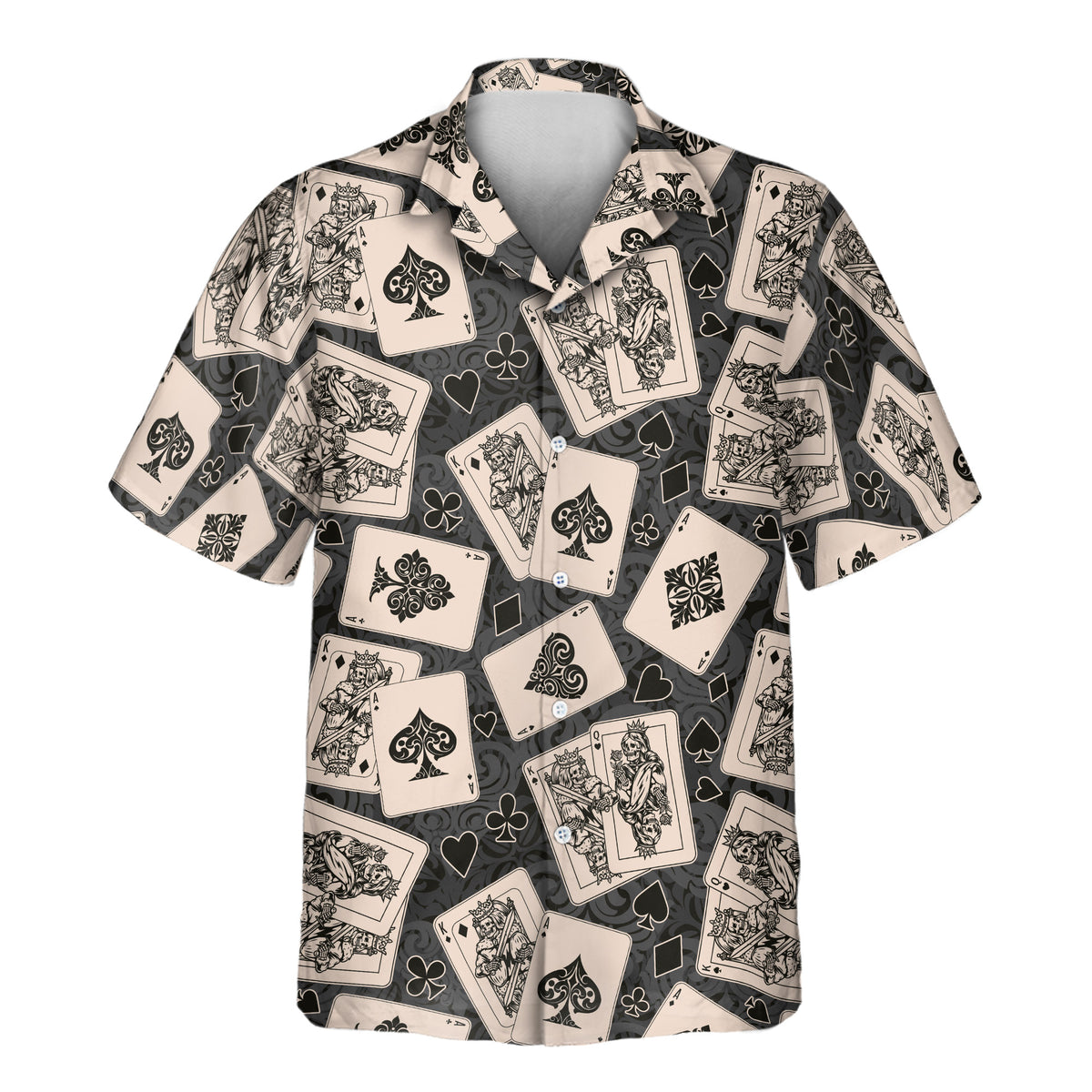 Custom Hawaiian shirt with scattered playing cards, ornate spade, heart, club, and diamond graphics in a vintage black-and-cream casino-inspired design.