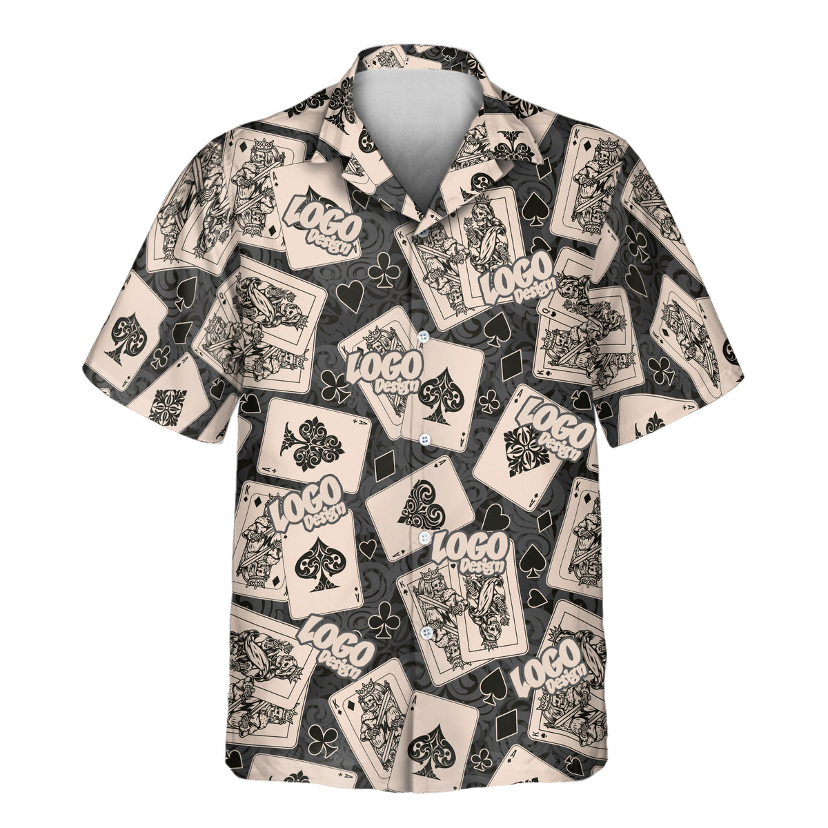 Jackpot Vibes custom Aloha shirt featuring vintage playing cards, kings, queens, and bold suit symbols on a dark charcoal patterned background.