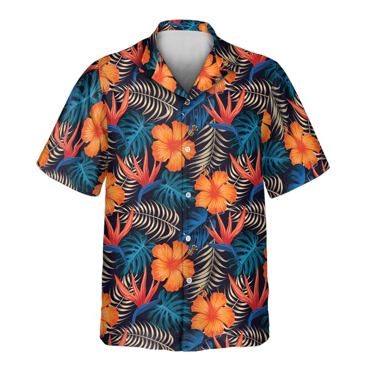 Custom Hawaiian shirt with bold orange tropical flowers, exotic bird-of-paradise blooms, and lush blue-green foliage on a dark navy background, customizable with your company or team logo.