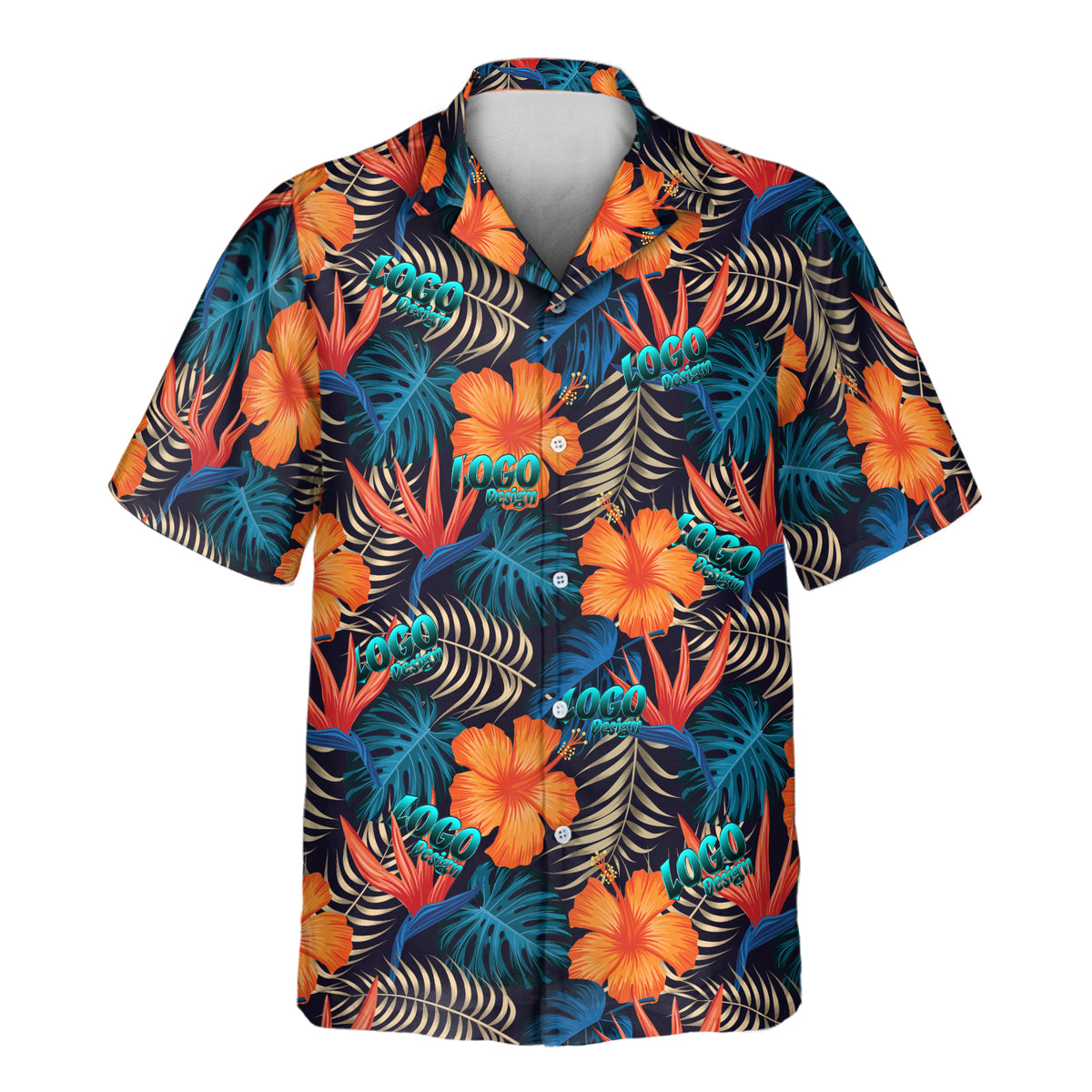 Vibrant Tropical Floral custom Aloha shirt featuring bright orange hibiscus, bird-of-paradise flowers, teal monstera leaves, and golden palm fronds on a deep navy background.