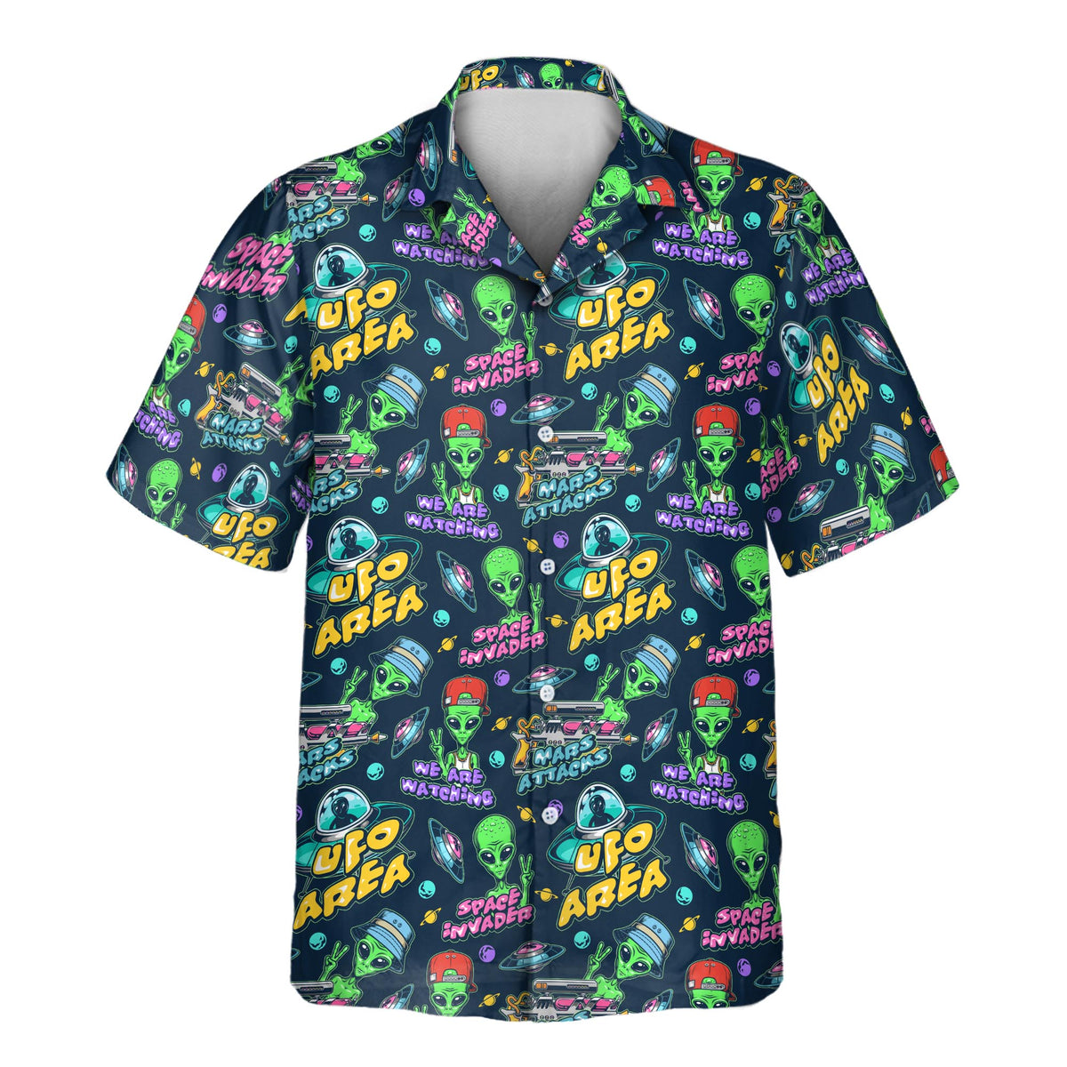Custom Hawaiian shirt with quirky aliens, flying saucers, planets, and bold UFO-themed graphics in vibrant neon colors on a deep blue background.