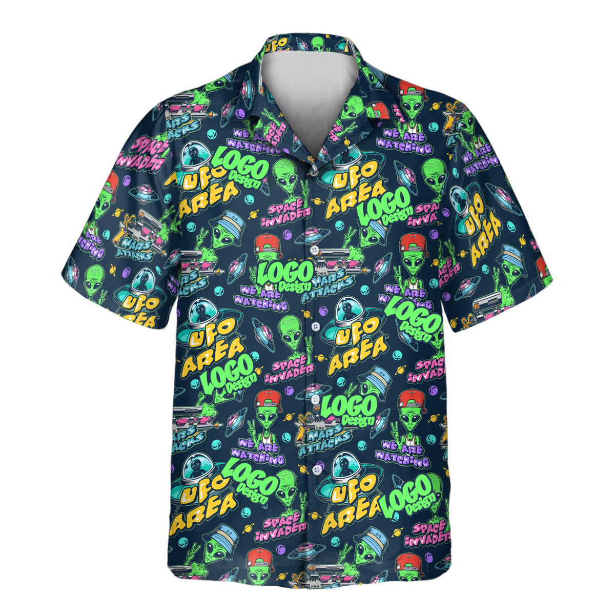 Alien Invasion custom Aloha shirt featuring colorful green aliens, UFOs, spaceships, and playful retro space graphics on a dark navy background.