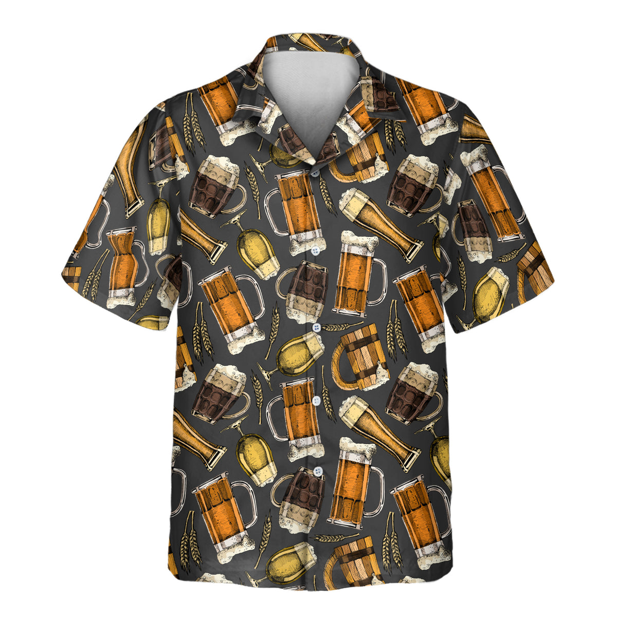 Custom Hawaiian shirt with frothy beer glasses, rustic barrels, and golden wheat graphics in a vintage-inspired pattern, customizable with your brewery, company, or team logo.