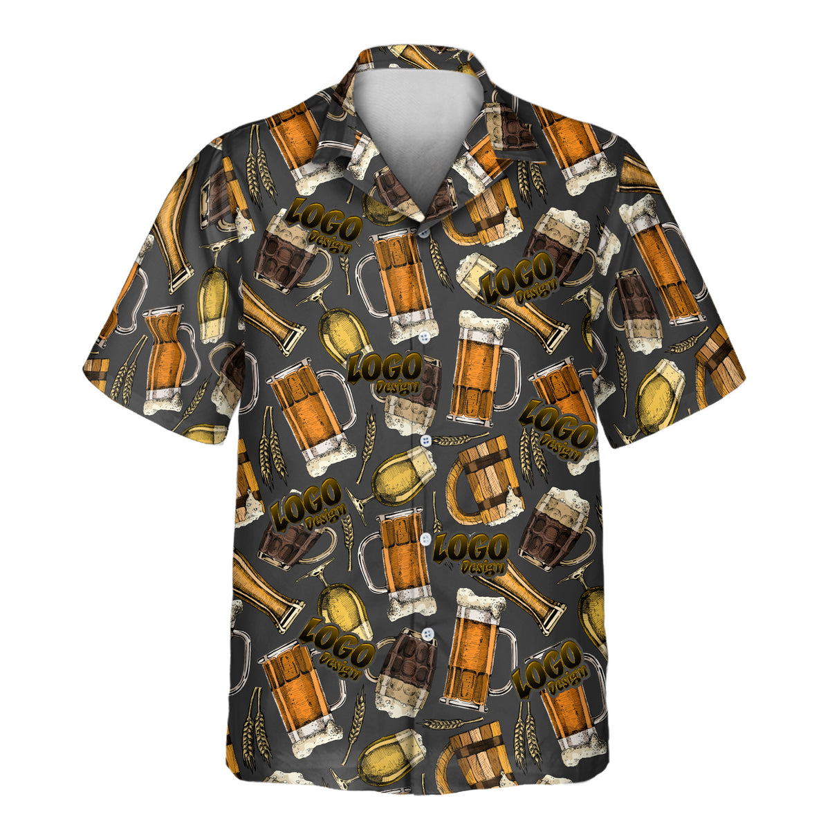 A short-sleeve button-up camp shirt with a dark gray background and an all-over print of beer mugs, beer glasses, beer bottles, and beer toasts in amber, brown, and white.
