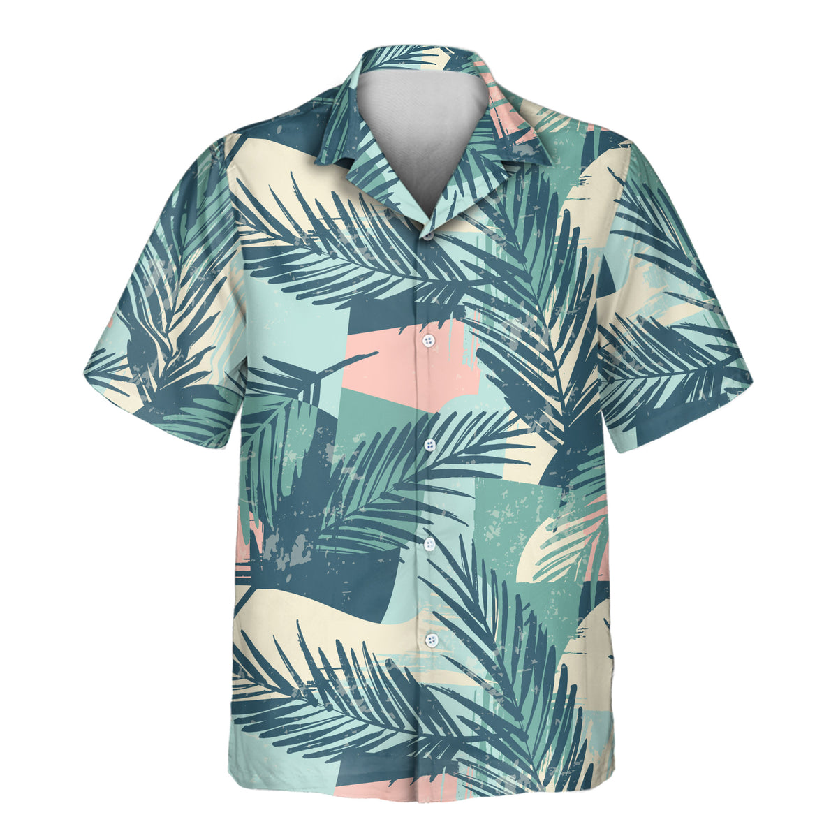 Tropical Color Pop custom Aloha shirt with repeating palm-leaf pattern and multiple custom logo placements in teal, blue, cream, and pink.