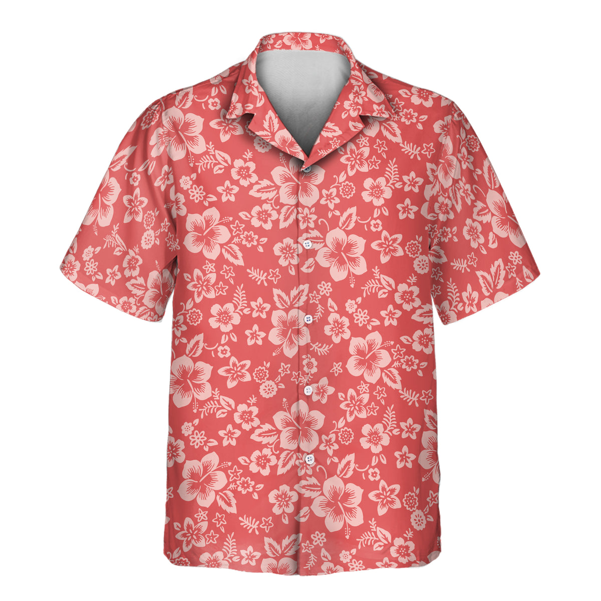 Custom Hawaiian shirt with an elegant hibiscus blossom pattern in cream and coral red, customizable with your company, team, or event logo.
