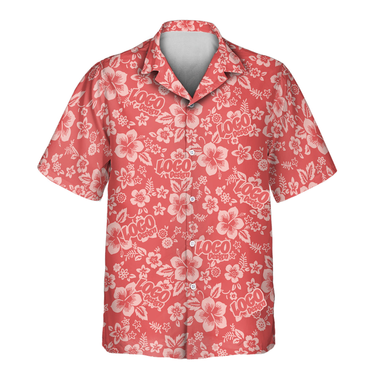 Japanese Hibiscus Blossom custom Aloha shirt featuring soft cream hibiscus flowers and delicate floral details on a warm coral-red background.