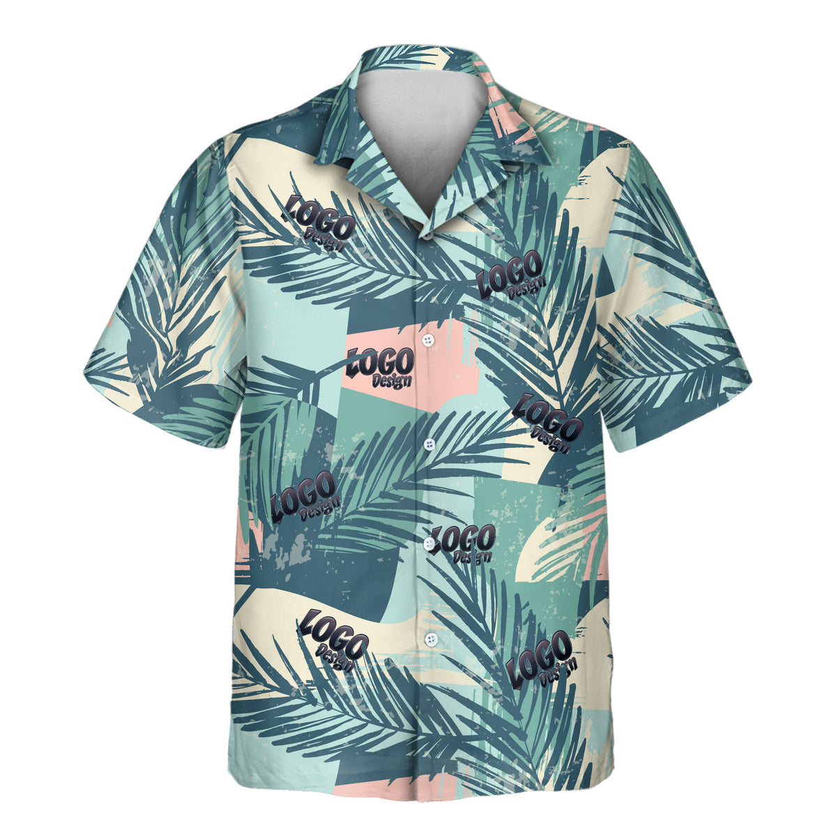 Tropical Color Pop custom Aloha shirt with repeating palm-leaf pattern and multiple custom logo placements in teal, blue, cream, and pink.