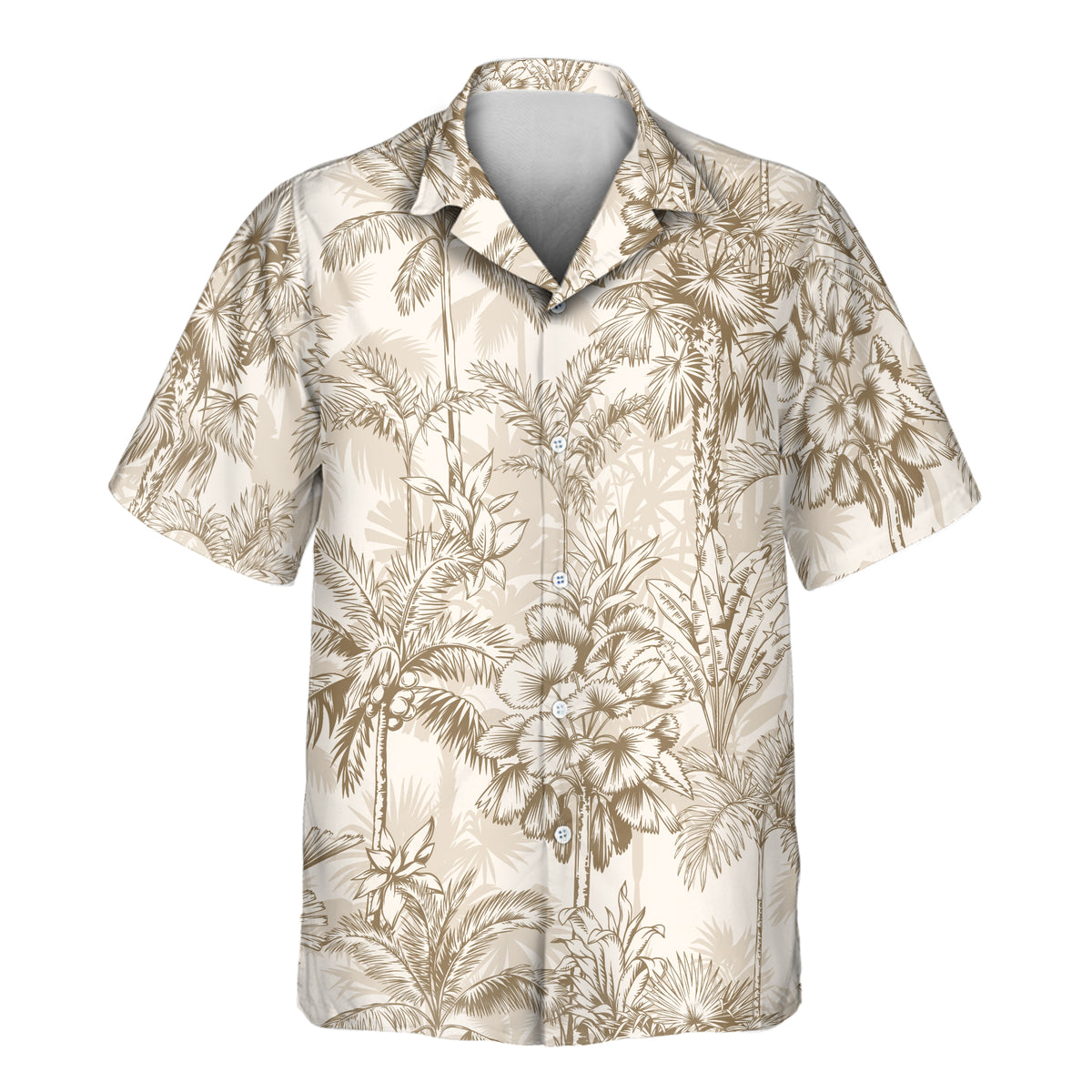 Beige Island Breeze custom Aloha shirt featuring detailed palm trees, hibiscus, and tropical foliage in soft beige and neutral tones.