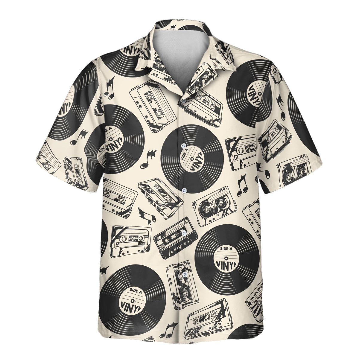 Custom Hawaiian shirt with retro vinyl records, classic cassette tapes, and music note graphics in a vintage black-and-cream pattern, customizable with your company or event logo.