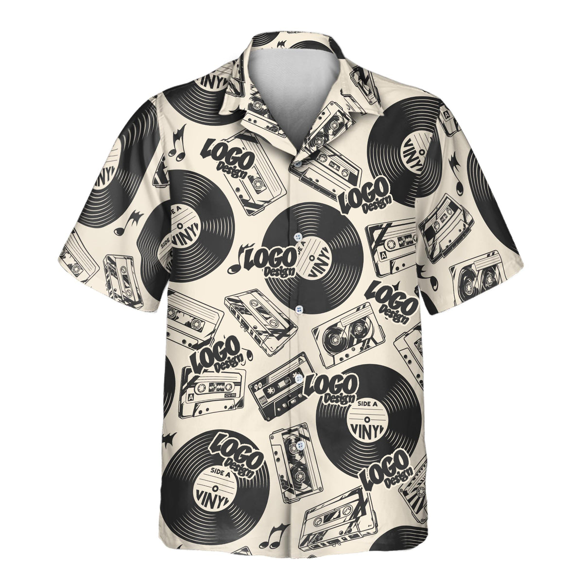 Retro Record Vibes custom Aloha shirt featuring black vinyl records, vintage cassette tapes, and musical notes on a warm cream background.