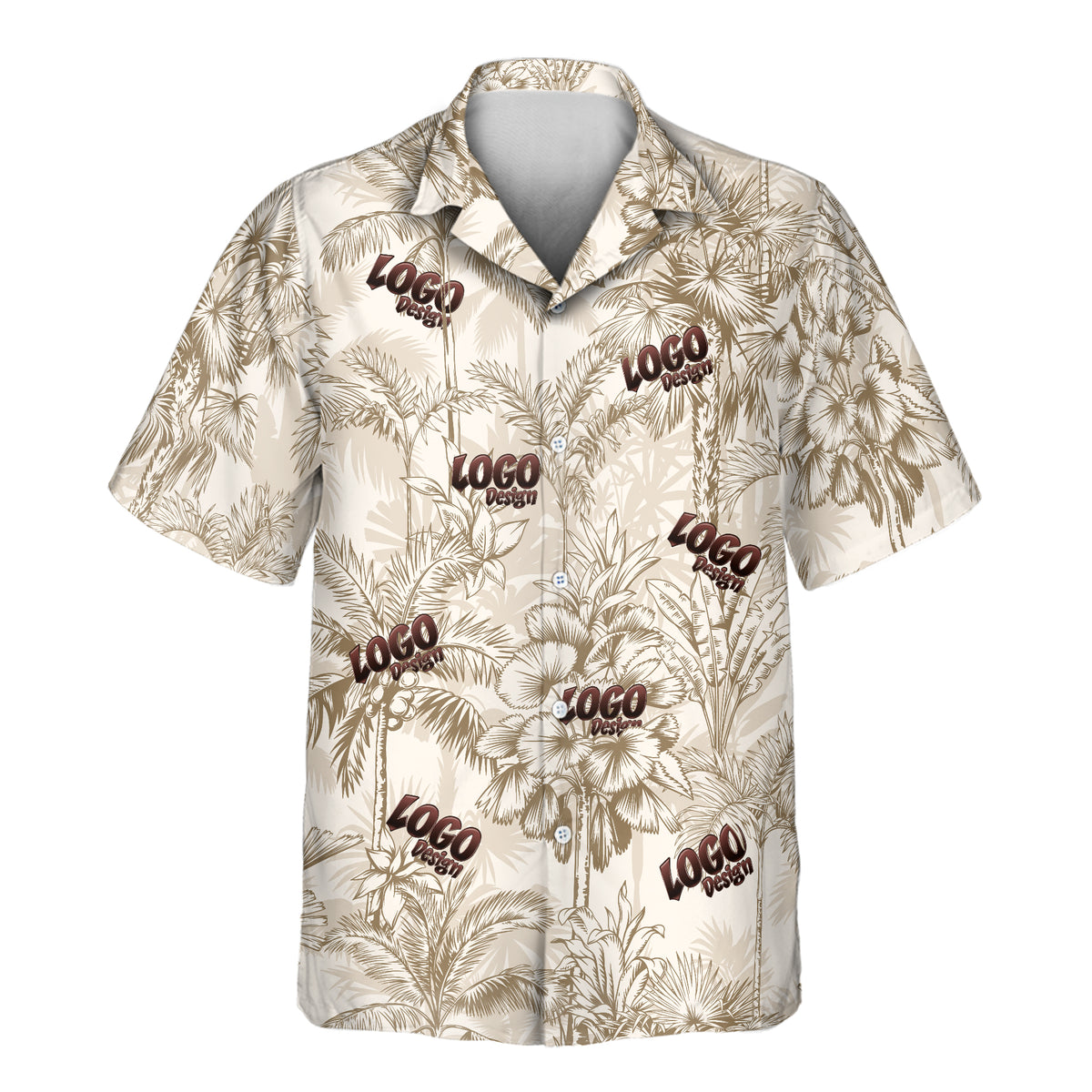 Beige Island Breeze custom Aloha shirt featuring detailed palm trees, hibiscus, and tropical foliage in soft beige and neutral tones.