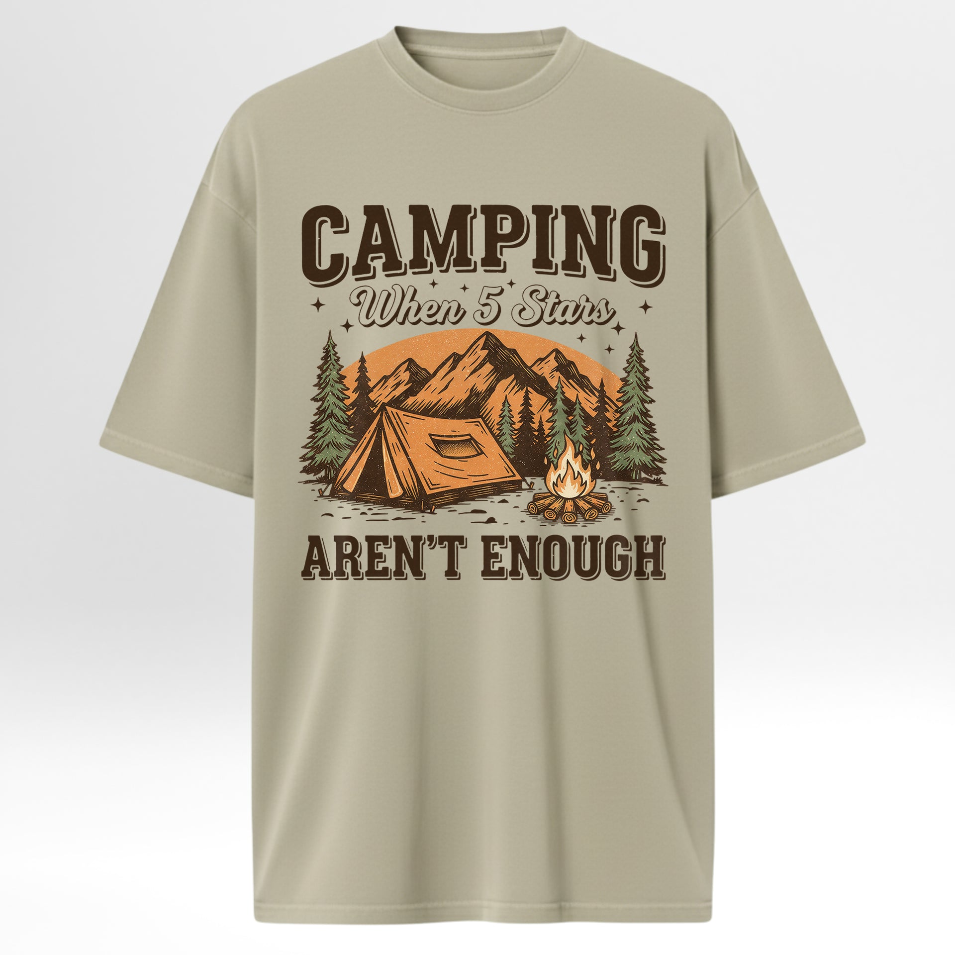 Beige camp & trail t-shirt with camping graphic and text 'Camping When 5 Stars Aren't Enough'.