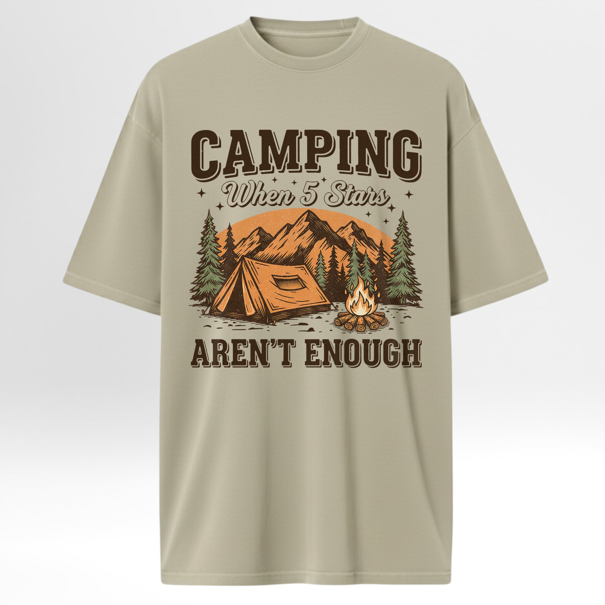 Beige camp & trail t-shirt with camping graphic and text 'Camping When 5 Stars Aren't Enough'.