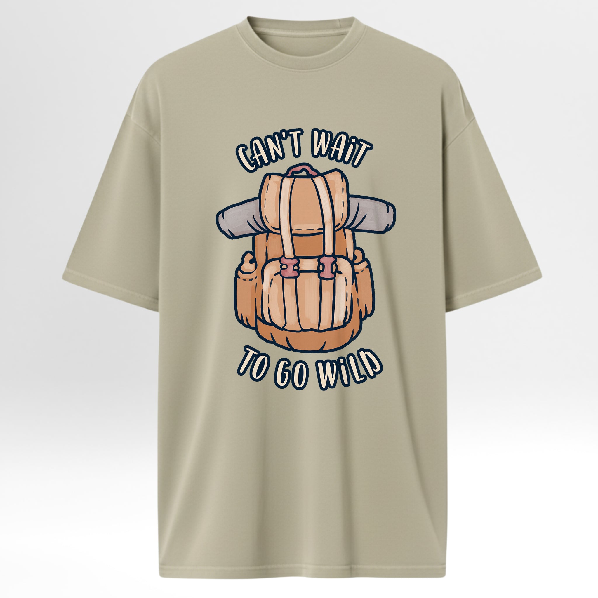 Beige Camp & Trail t-shirt with a backpack graphic and text 'Can't Wait To Go Wild'.