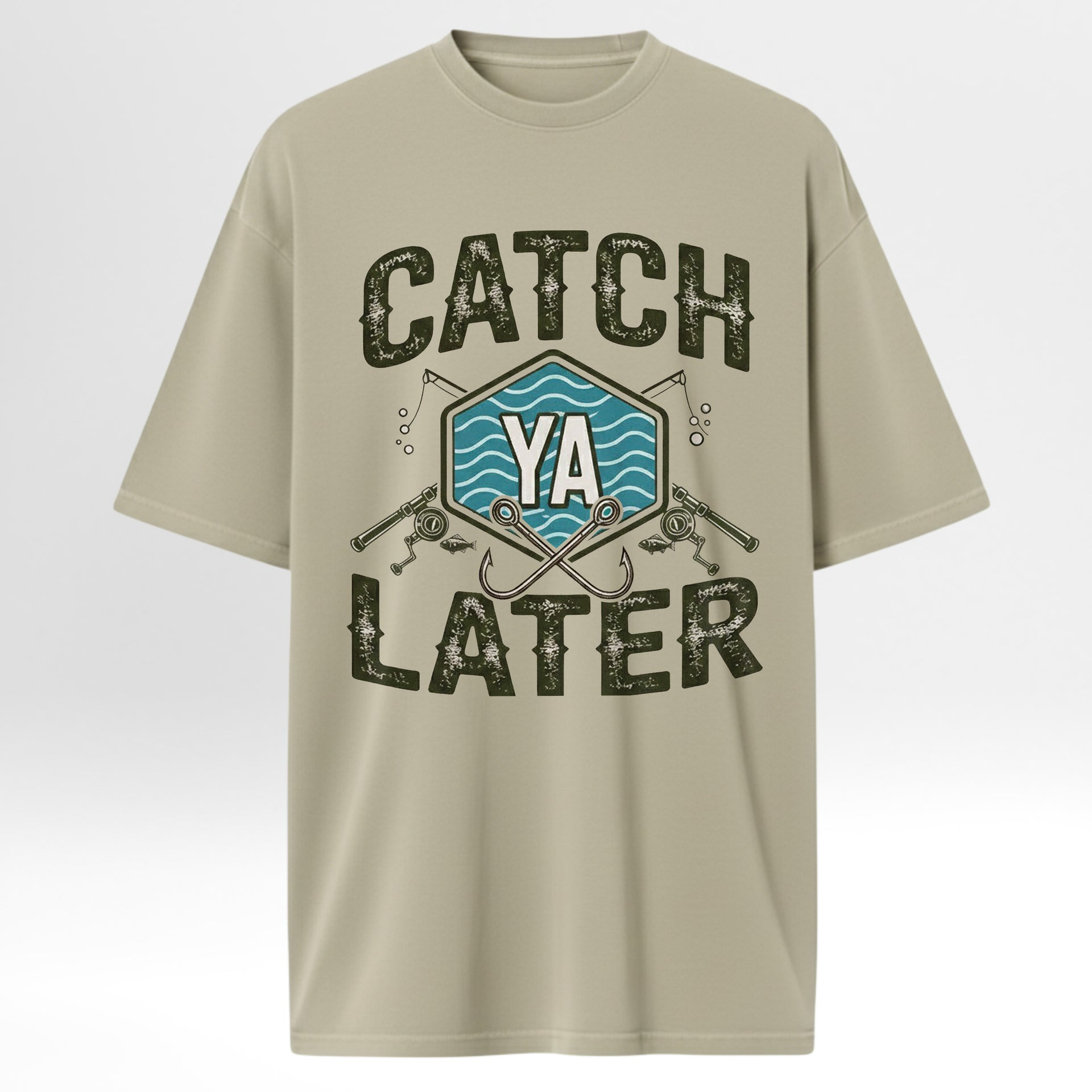 Beige fishing t-shirt with 'Catch Ya Later' graphic design.
