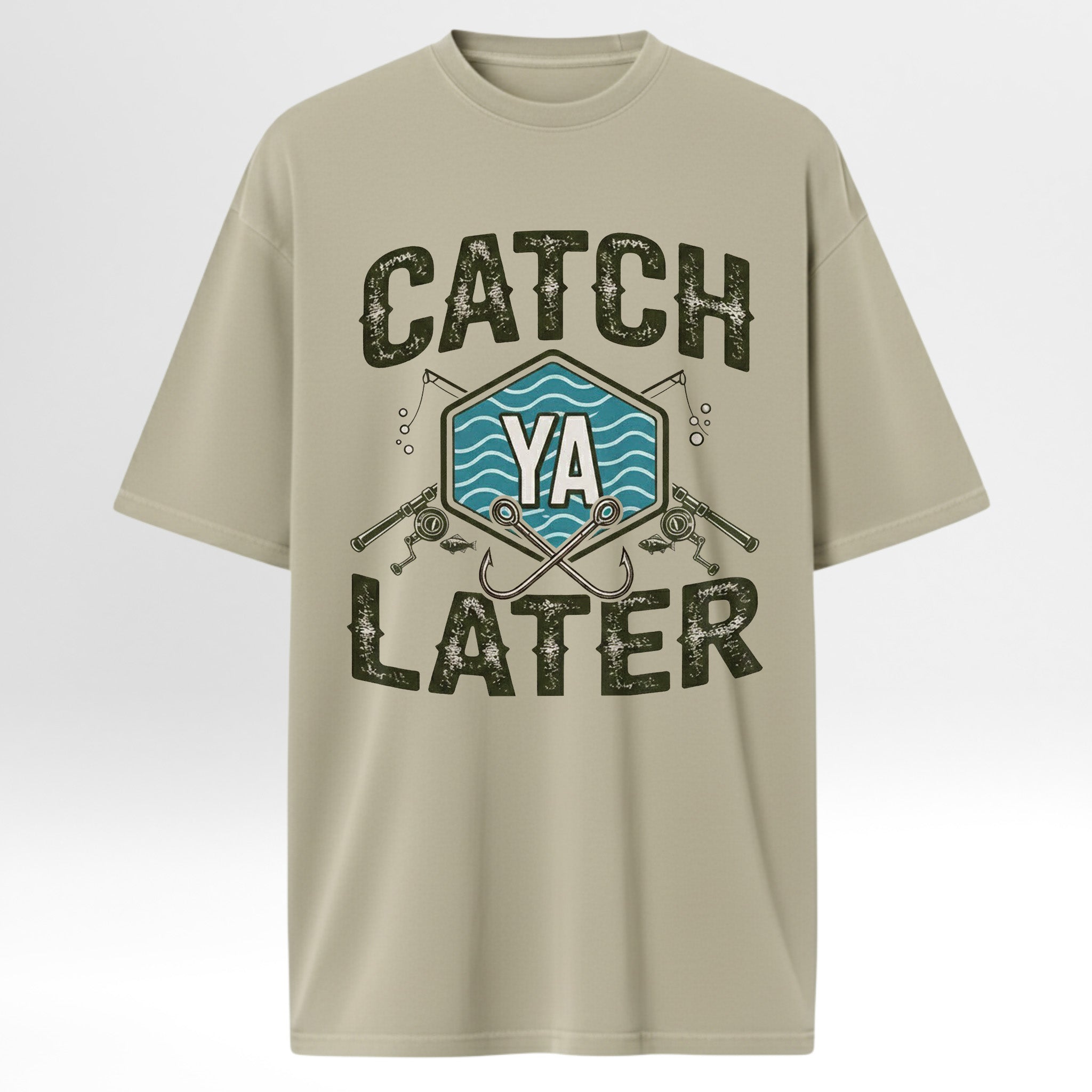 Beige fishing t-shirt with 'Catch Ya Later' graphic design.