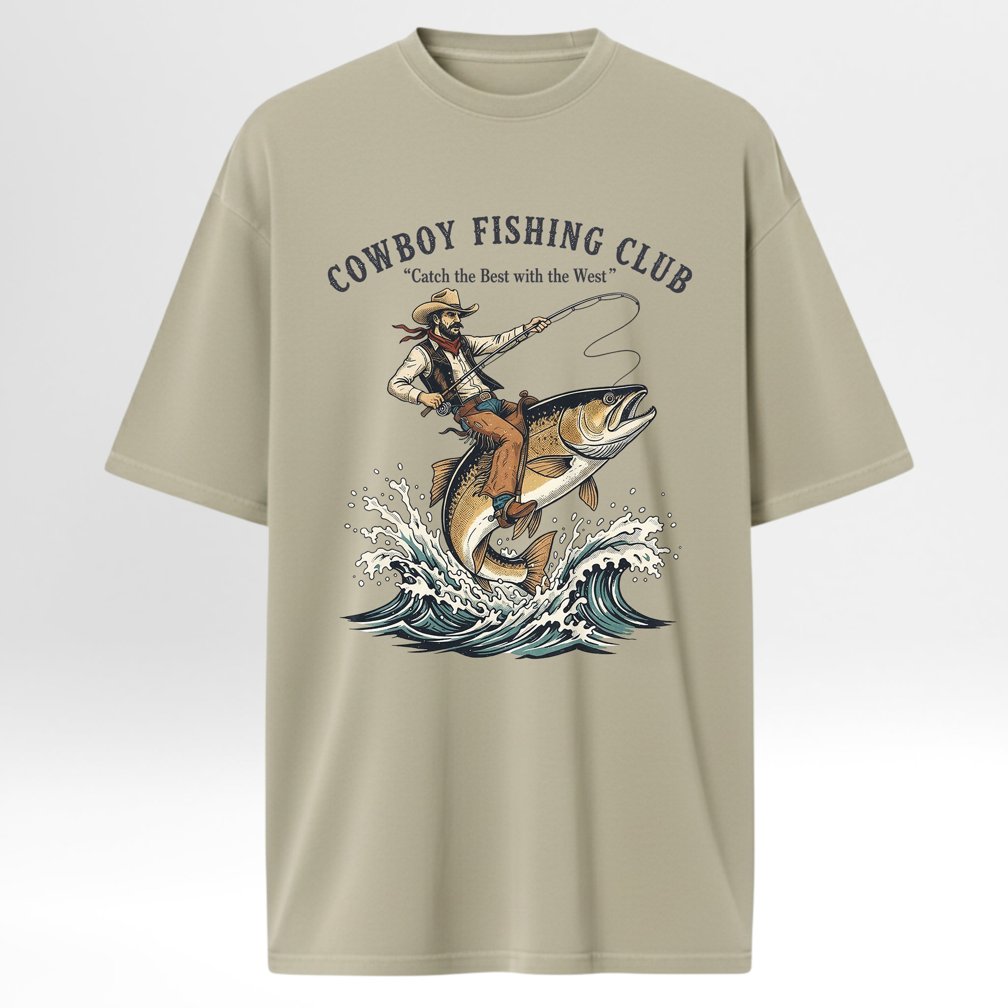 Beige fishing t-shirt with a graphic of a cowboy fishing and text 'Cowboy Fishing Club'.