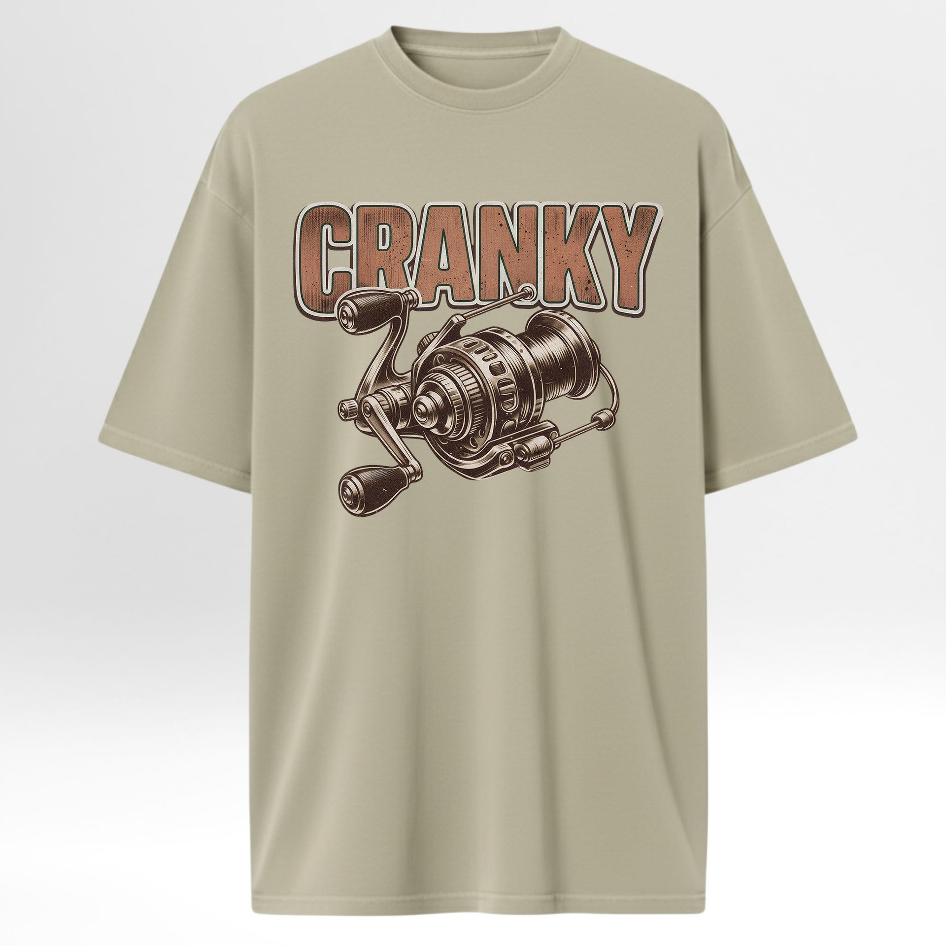 Beige fishing t-shirt with fishing reel graphic and 'CRANKY' text.