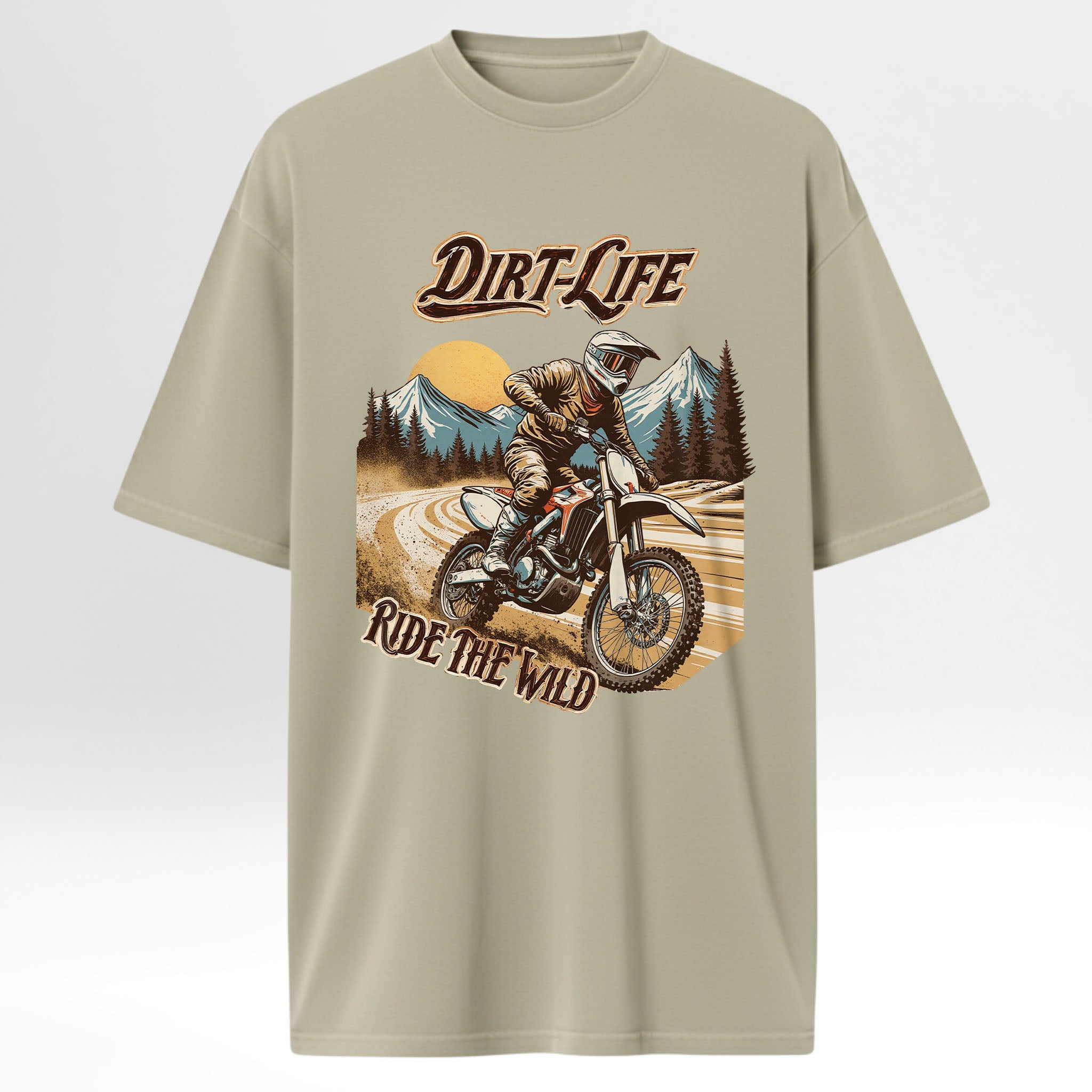 Beige camp & trail t-shirt with a graphic of a person on a dirt bike and mountain landscape, with 'Dirt-Life Ride the Wild' text.