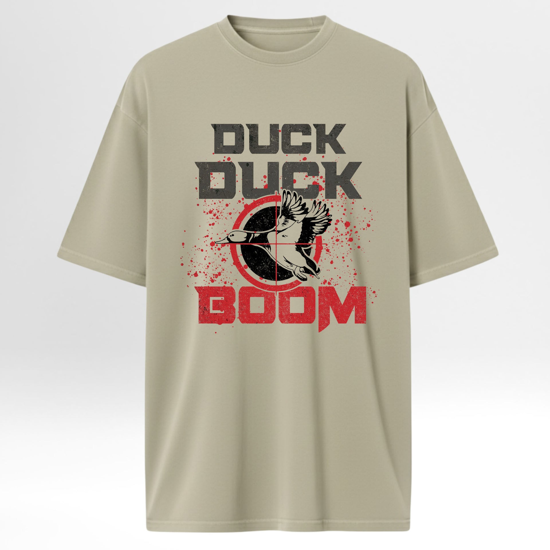Beige hunting t-shirt with 'Duck Duck Boom' graphic design.