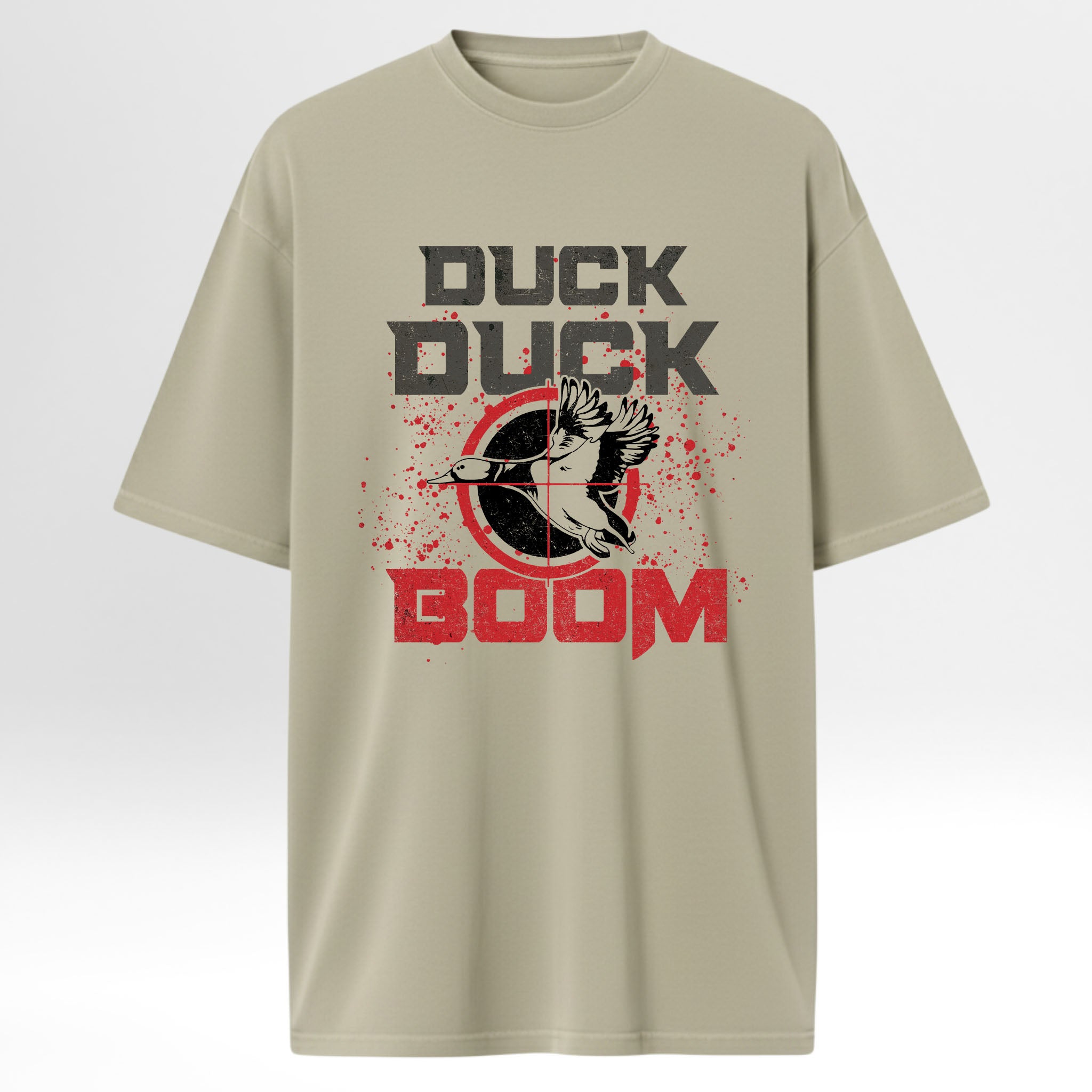 Beige hunting t-shirt with 'Duck Duck Boom' graphic design.