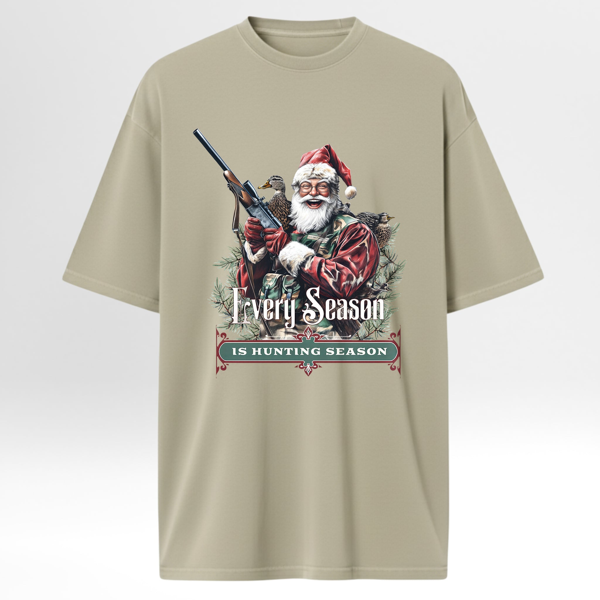 Beige hunting t-shirt with a graphic of Santa Claus hunting and text 'Every Season is Hunting Season'.