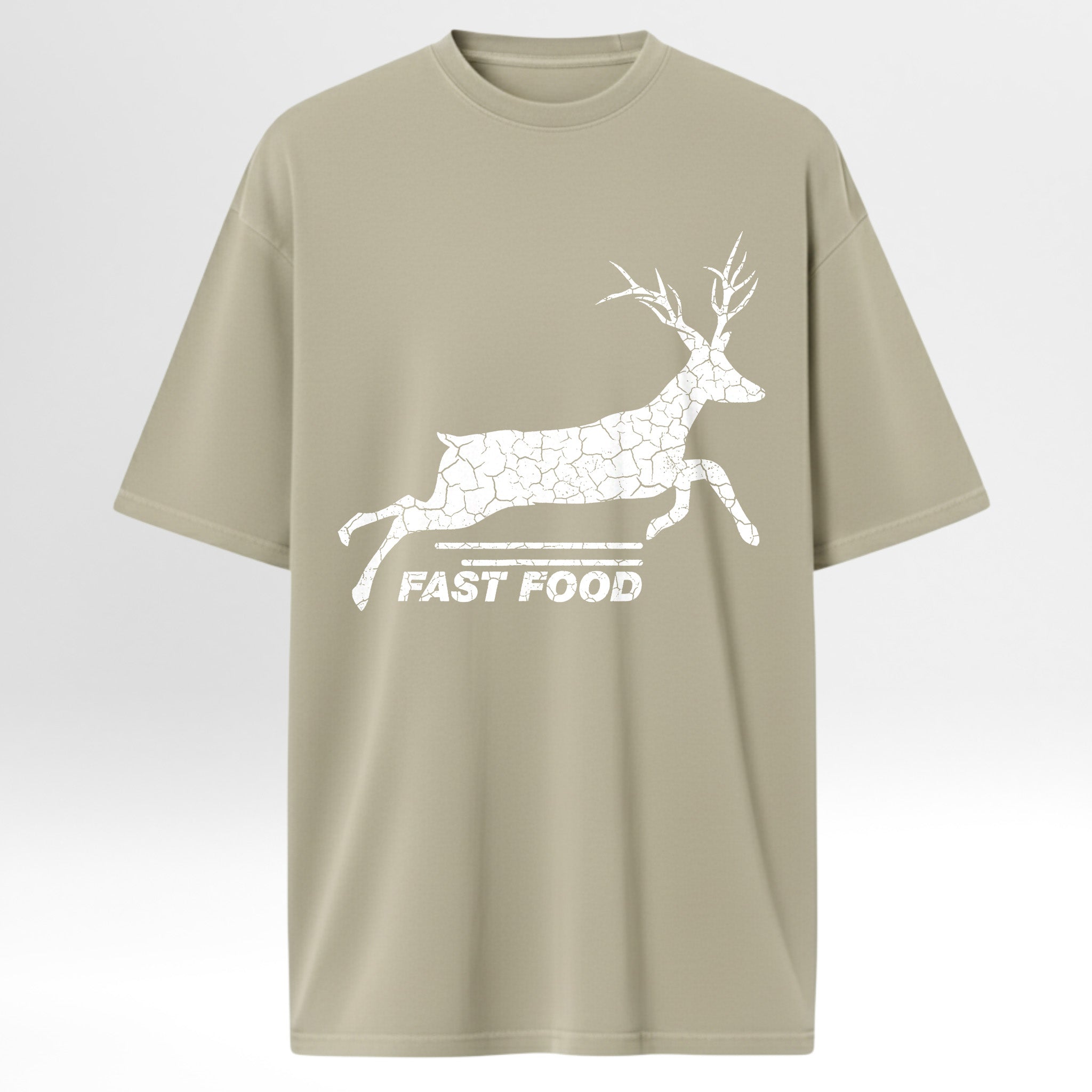 Beige hunting t-shirt with a white graphic of a deer and 'FAST FOOD' text.
