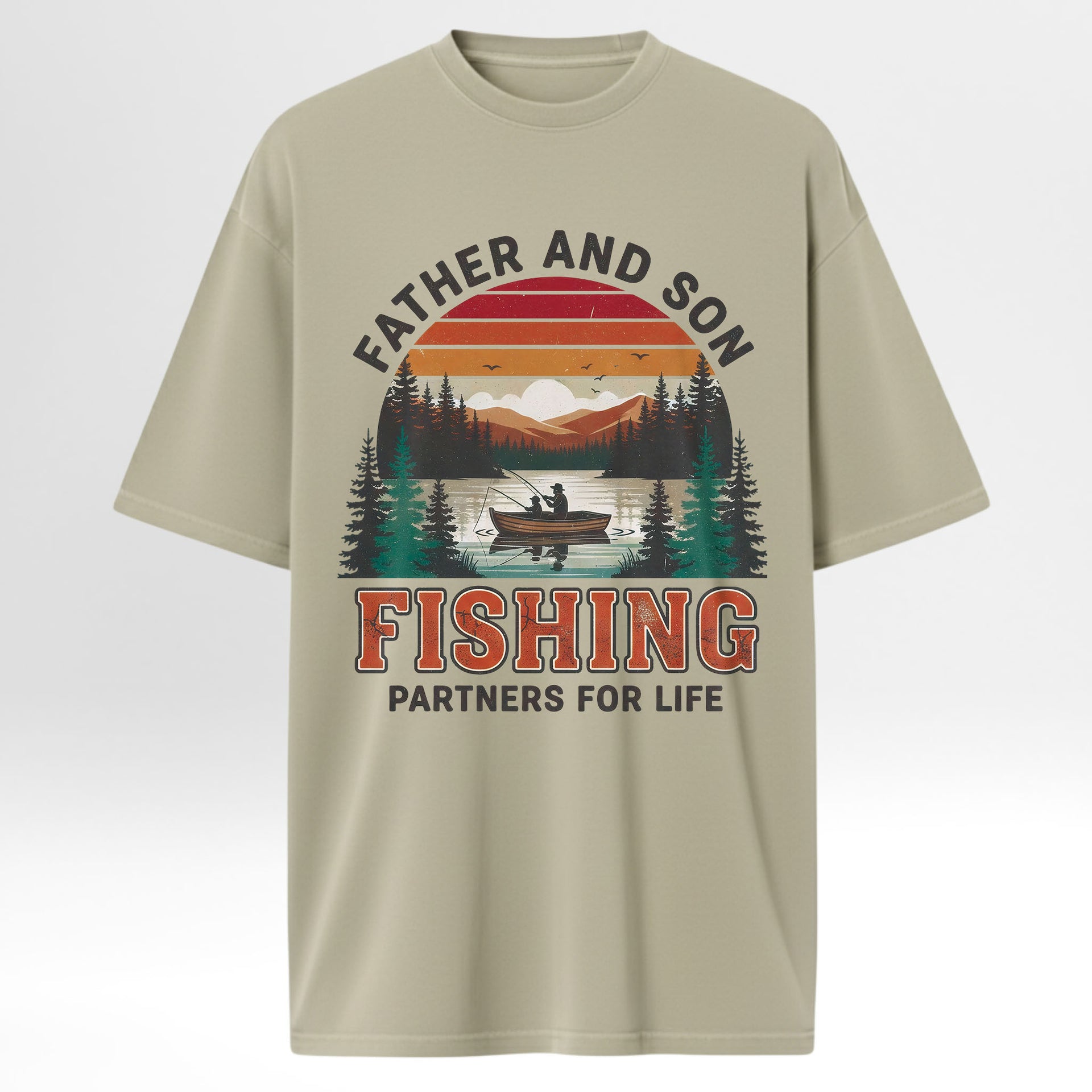 Beige fishing t-shirt with fishing graphic and text 'Father And Son Fishing Partners For Life'.