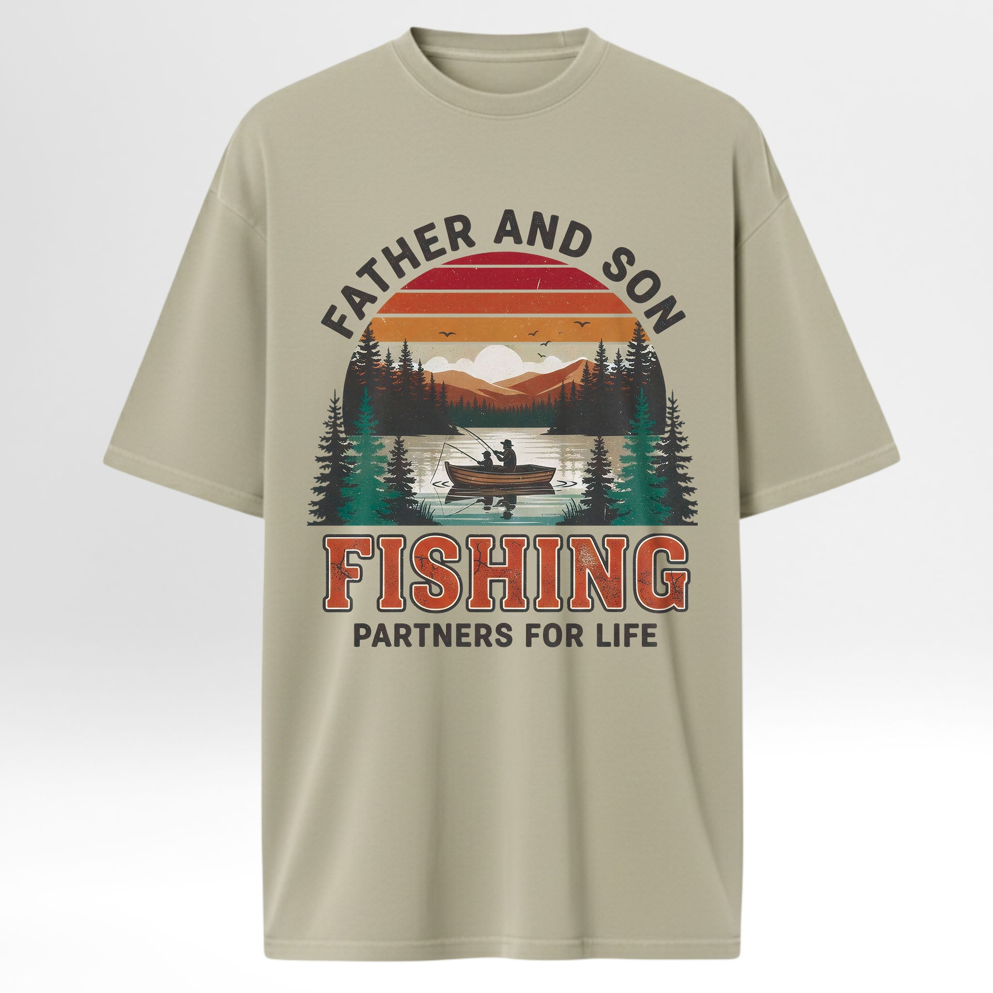 Beige fishing t-shirt with fishing graphic and text 'Father And Son Fishing Partners For Life'.