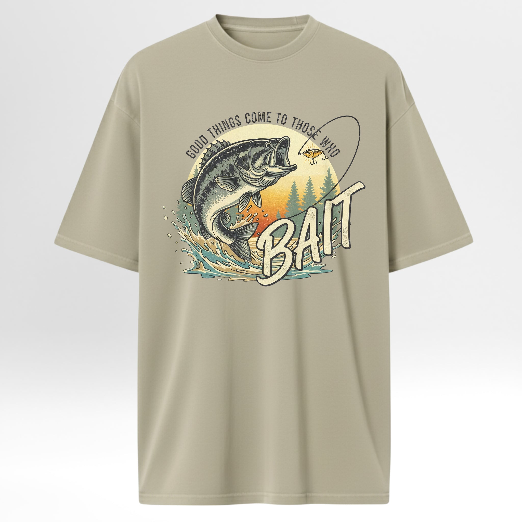 Beige fishing t-shirt with fishing graphic and text 'Good Things Come To Those Who Bait'.