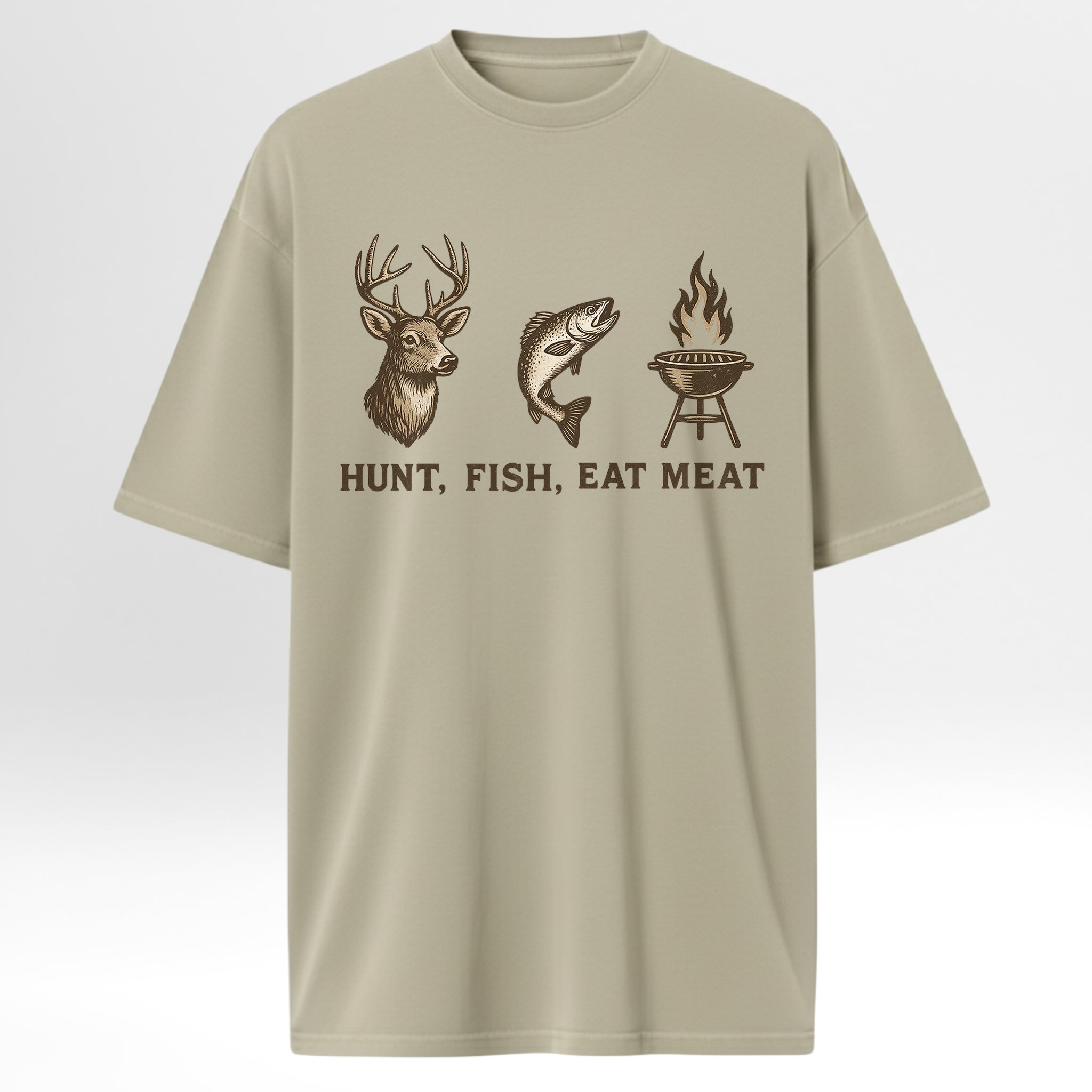 Beige hunting & fishing t-shirt with hunting, fishing, and barbecue graphics and text.