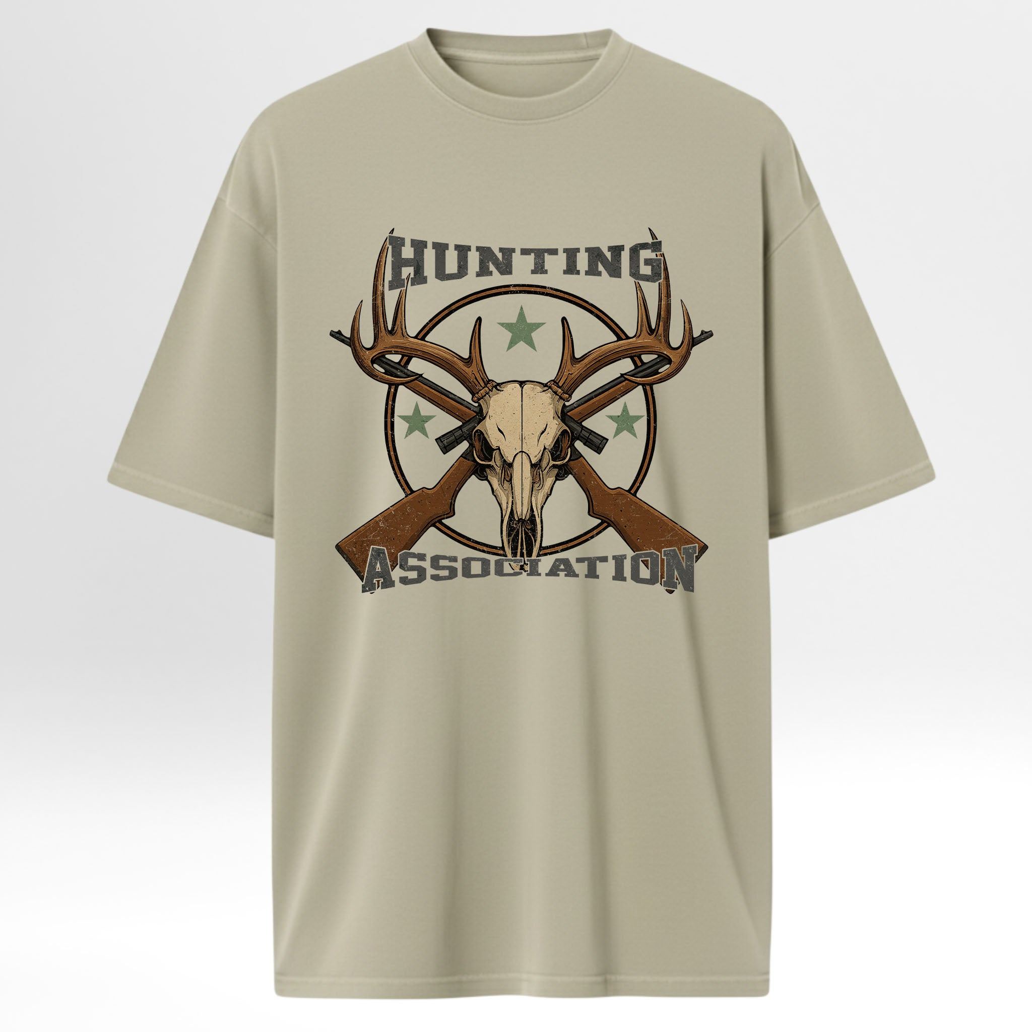 Beige hunting t-shirt with hunting graphic and text 'Hunting Association'.