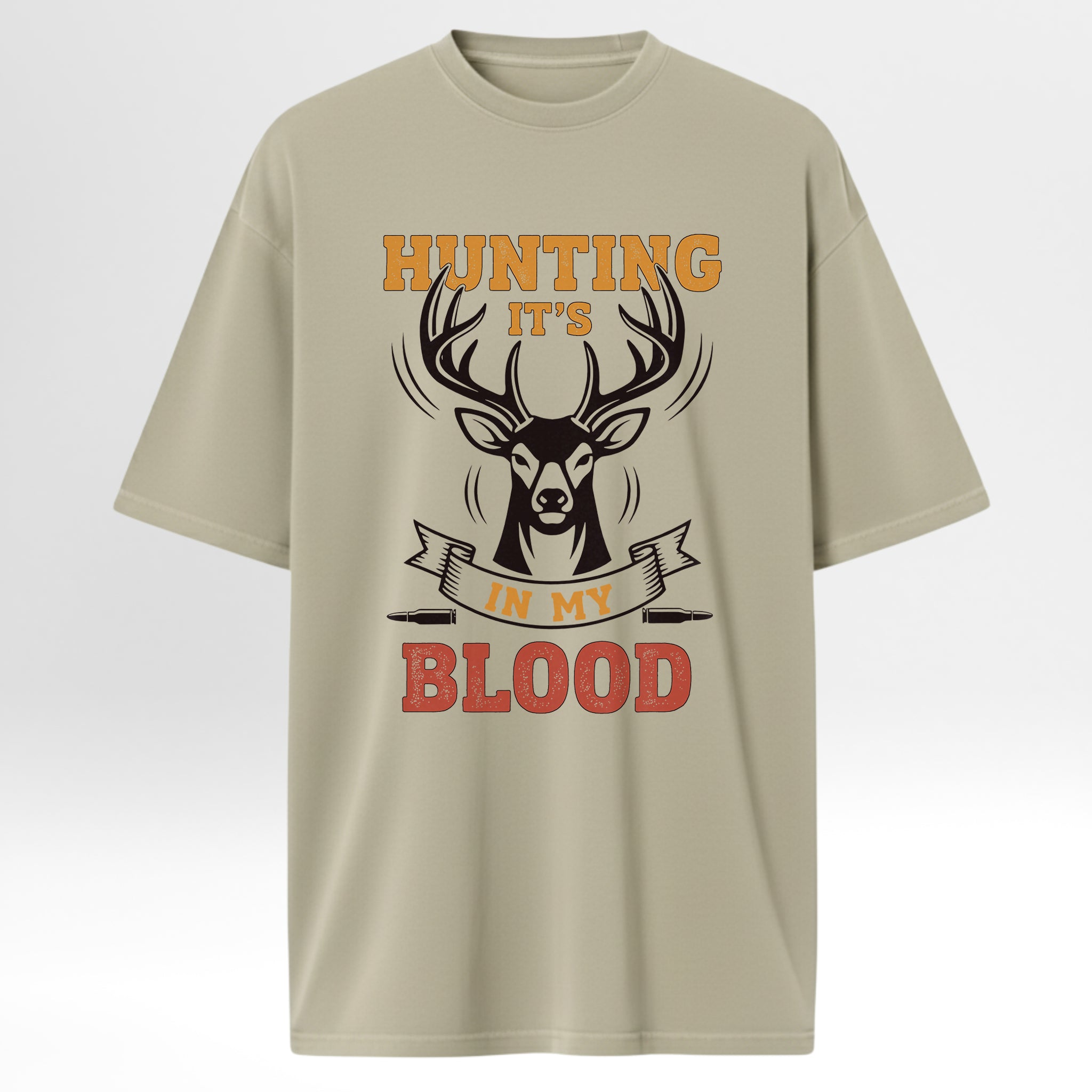 Beige hunting t-shirt with a graphic of a deer and text 'Hunting it's in my blood'.