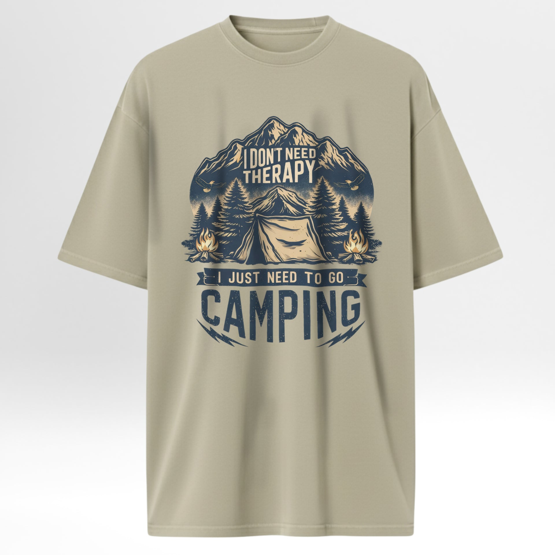 Beige camping t-shirt with camping graphic and text 'I Don't Need Therapy I Just Need To Go Camping'.