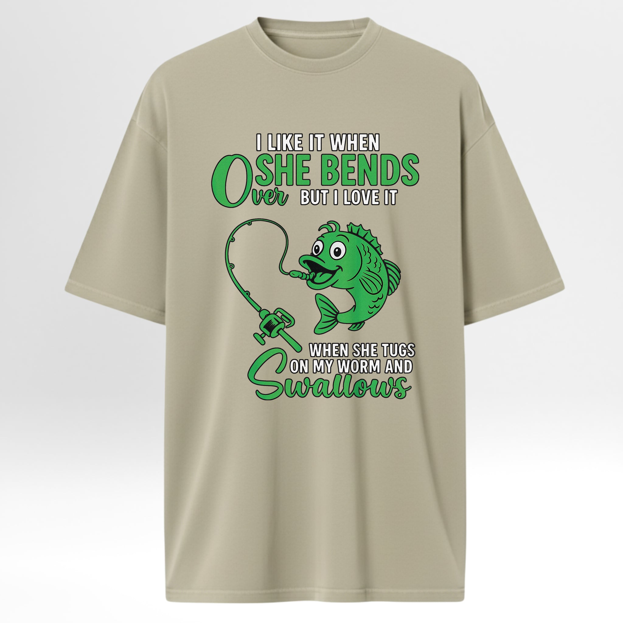 Beige fishing t-shirt with green fishing graphic and text.