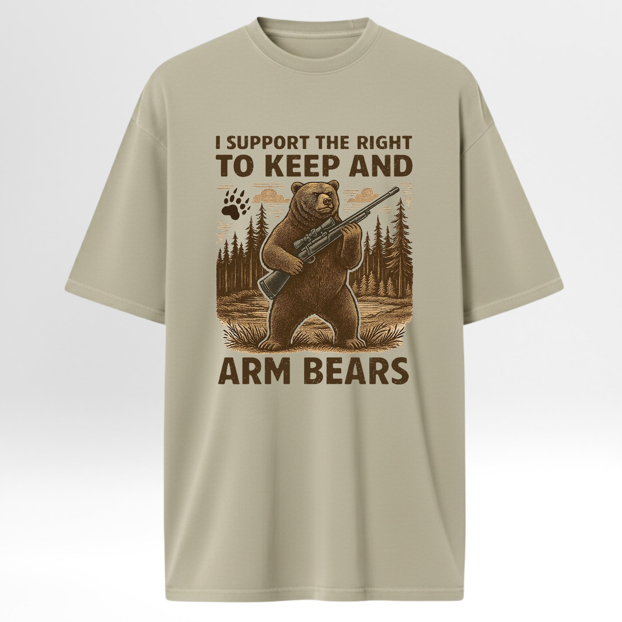 Beige hunting t-shirt with bear graphic and text.