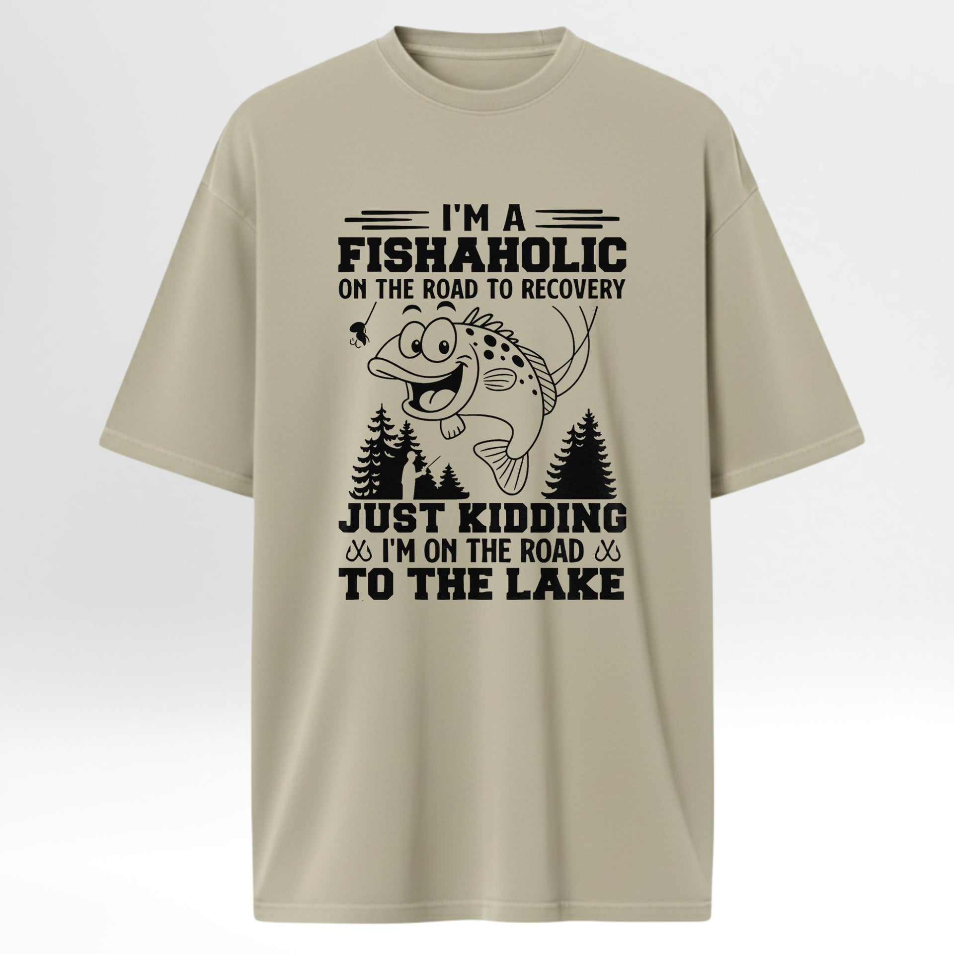 Beige fishing t-shirt with fishing-themed graphic and text.